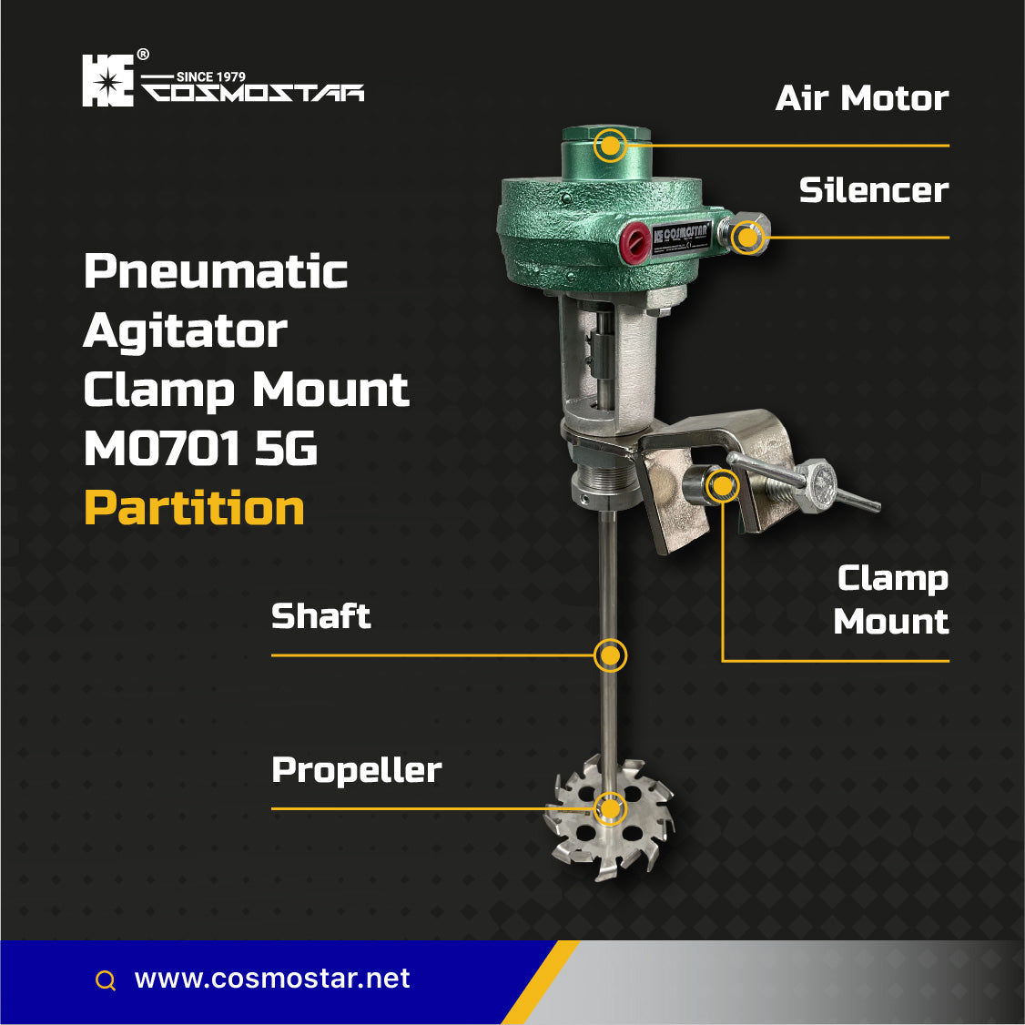 COSMOSTAR M0701 5 Gallon Pneumatic Agitator Clamp Mount Pail Mixer