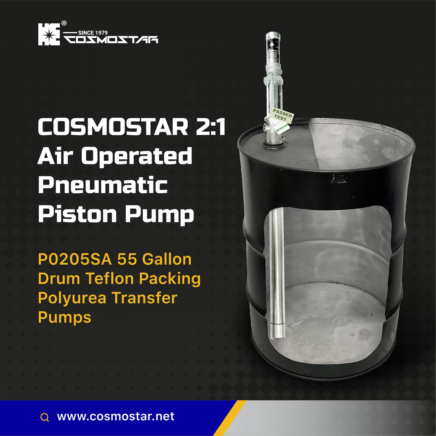 COSMOSTAR P0201 2" 2:1  Pneumatic Piston Transfer Pump (Stainless Steel, 55 Gallon Type)