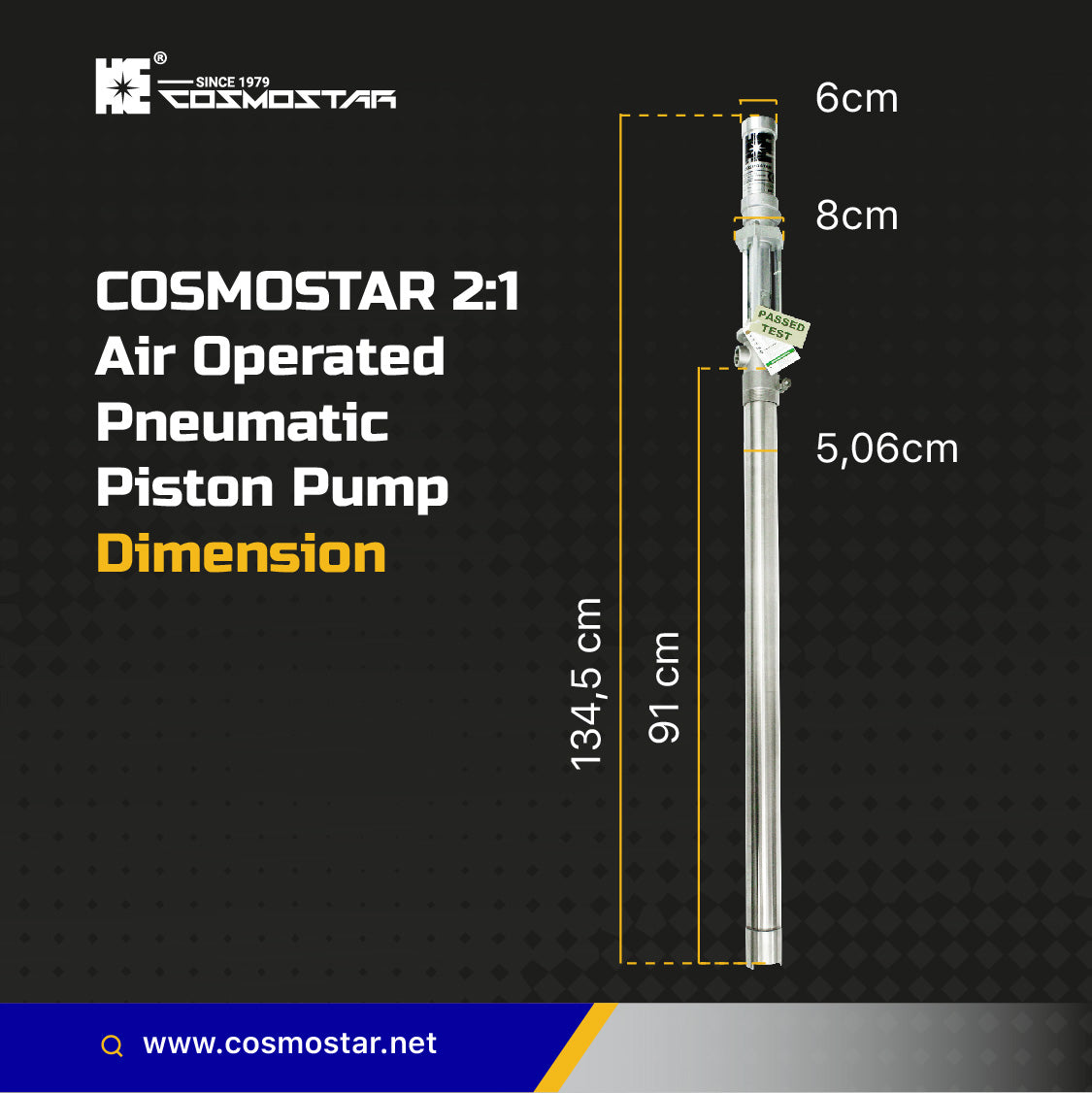 COSMOSTAR P0201 2" 2:1  Pneumatic Piston Transfer Pump (Stainless Steel, 55 Gallon Type)