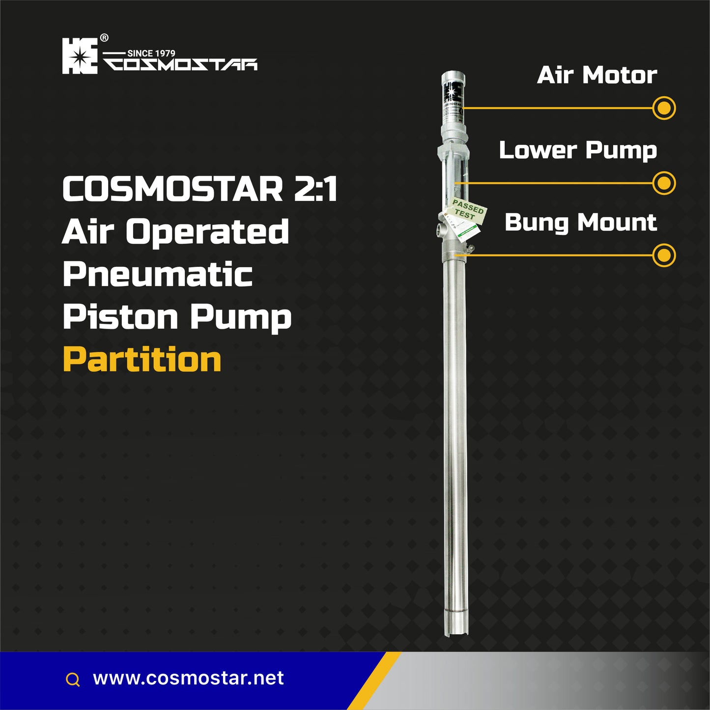 COSMOSTAR P0201 2" 2:1  Pneumatic Piston Transfer Pump (Stainless Steel, 55 Gallon Type)