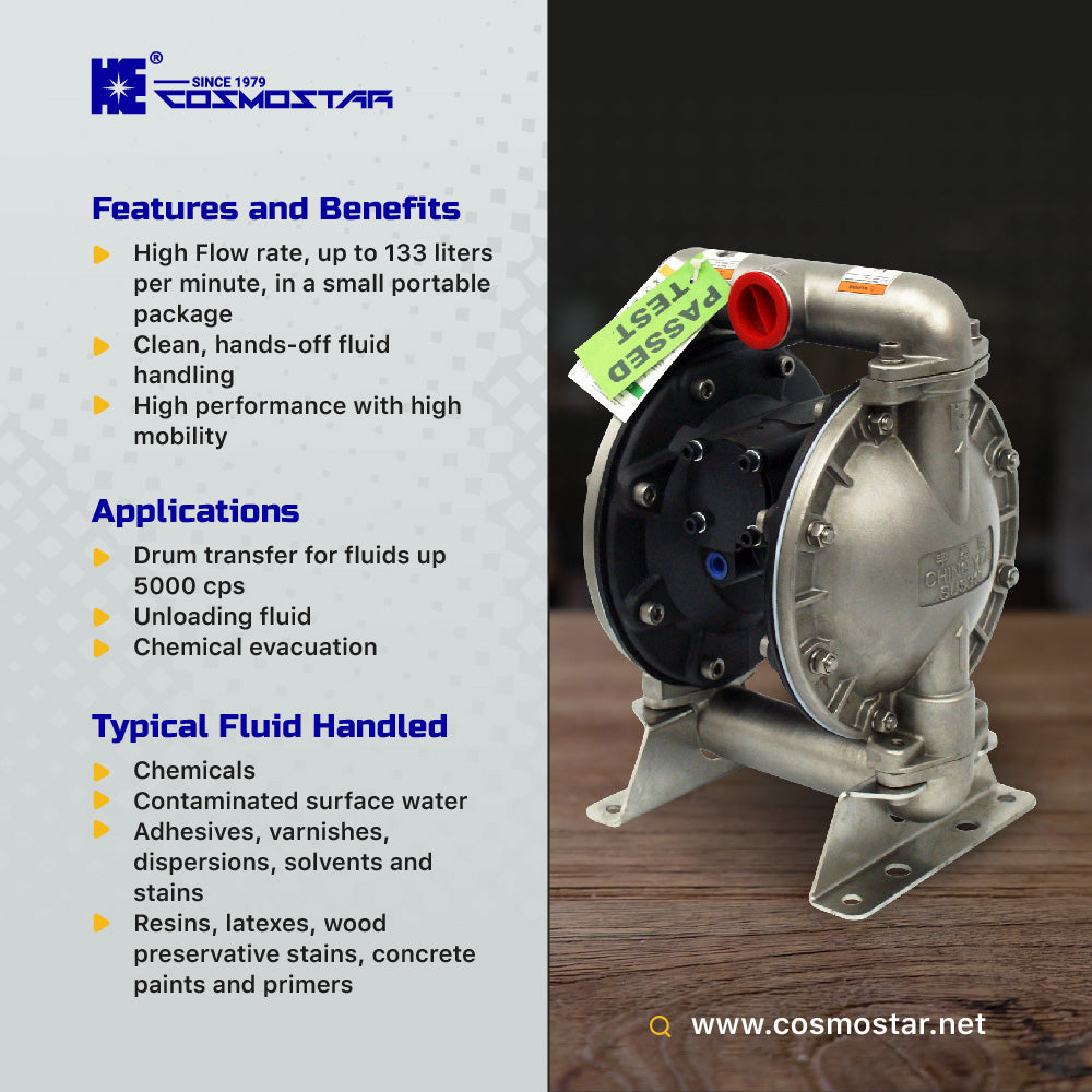 COSMOSTAR D0306 1" Stainless Steel Double Diaphragm Transfer Pump