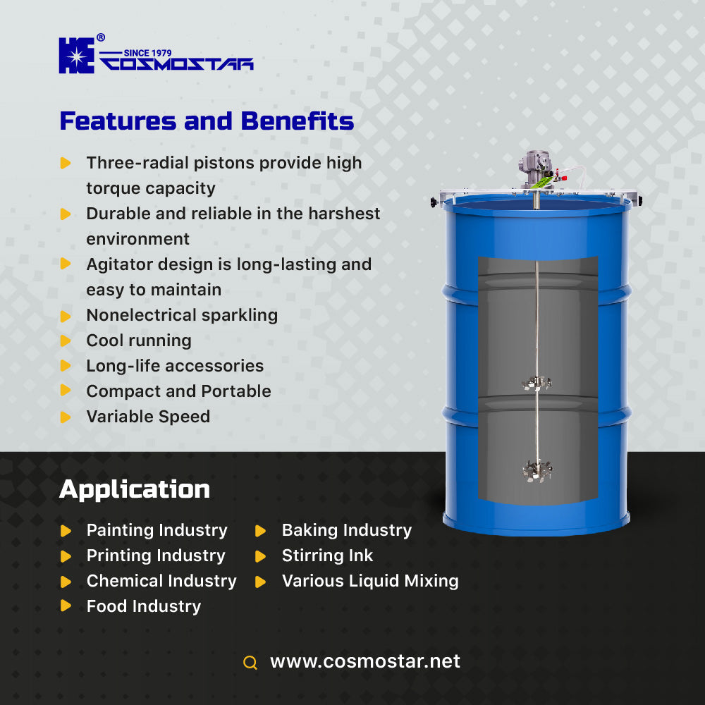 COSMOSTAR 1/8HP Pneumatic Agitator Adjustable Drum Bucket Paint Mixer - CUSTOM SIZE (For 30 Gallon Drum Opening 16.5inch)