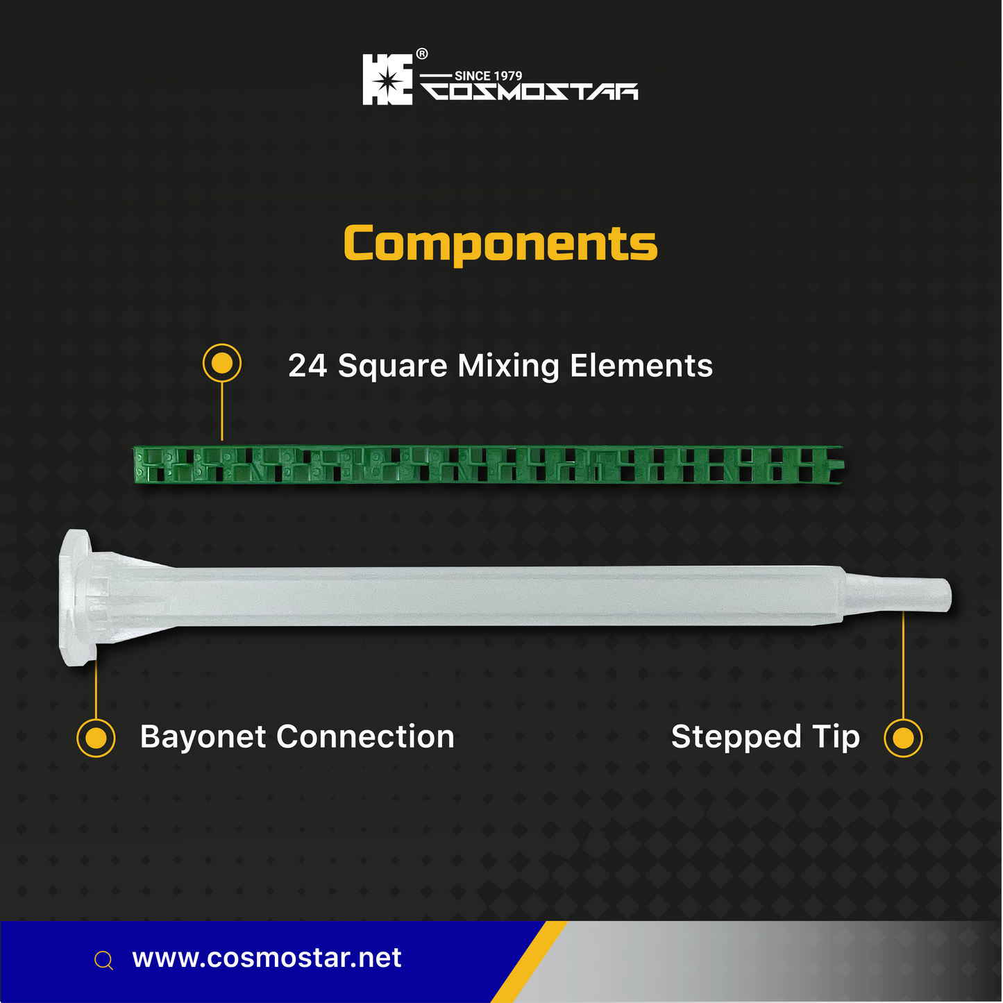 CosmoMix RSS06-24L , 400 Pieces Square Static Mixer Nozzle Tube Tip, Bayonet Connection, 4.5 Inches, 24 Elements