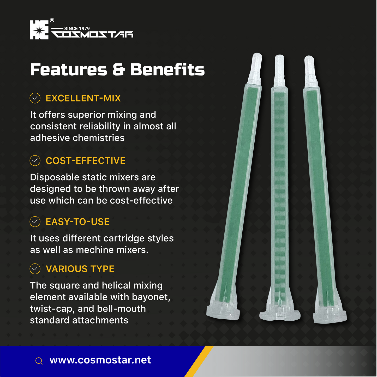 CosmoMix RSS06-24L , 400 Pieces Square Static Mixer Nozzle Tube Tip, Bayonet Connection, 4.5 Inches, 24 Elements