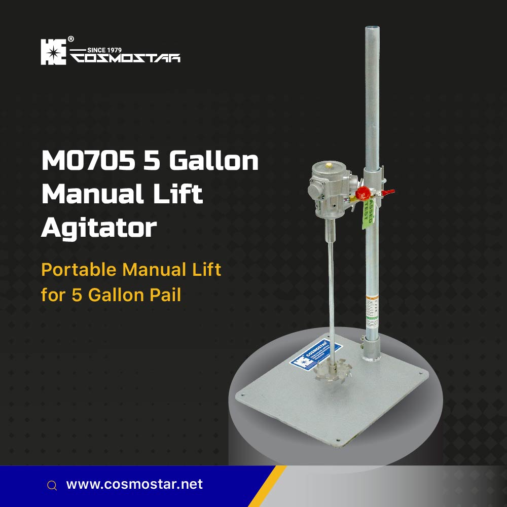 COSMOSTAR M0705 Pneumatic Drum Mixer, 1/8 HP, Portable Manual Lift, 5 Gallon