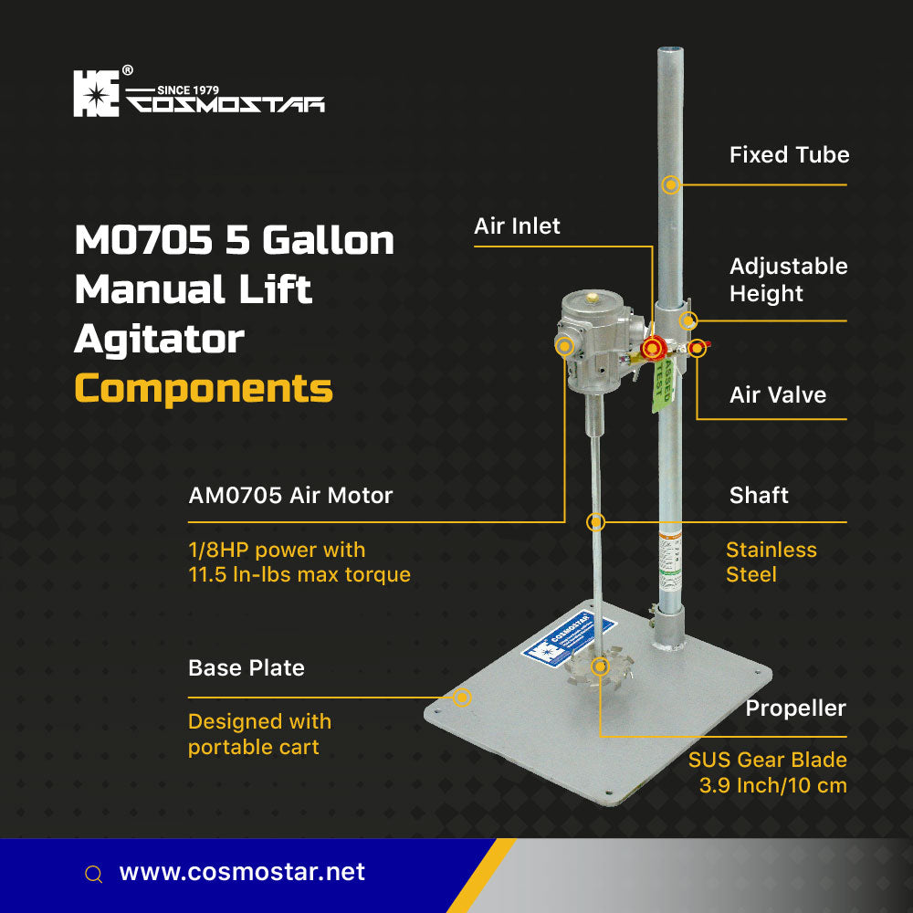 COSMOSTAR M0705 Pneumatic Drum Mixer, 1/8 HP, Portable Manual Lift, 5 Gallon