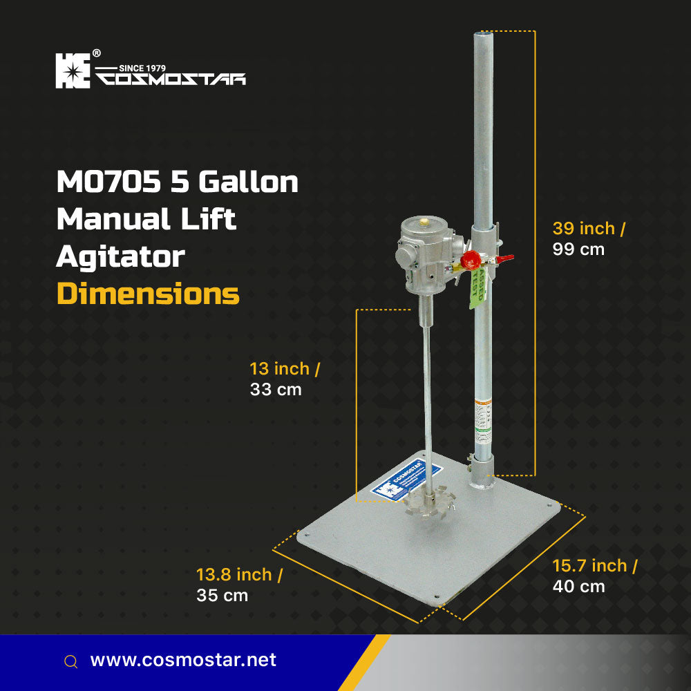 COSMOSTAR M0705 Pneumatic Drum Mixer, 1/8 HP, Portable Manual Lift, 5 Gallon