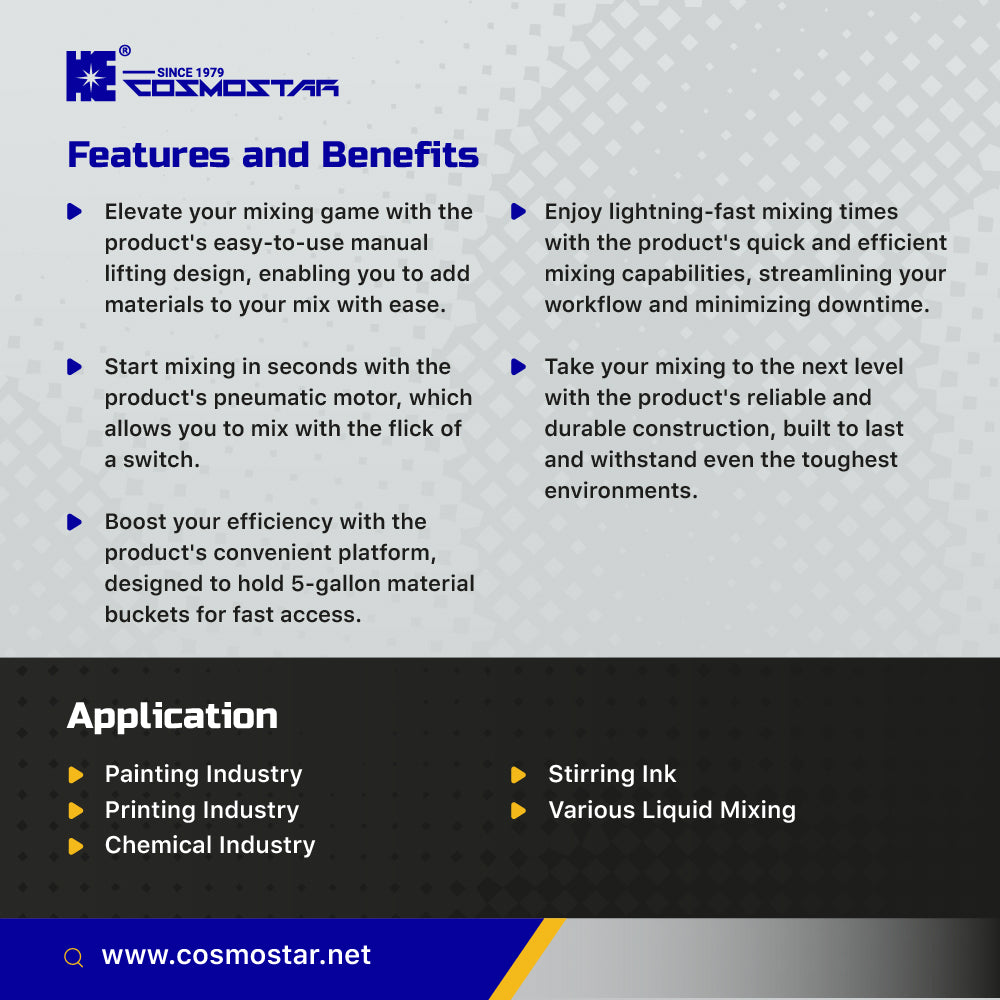 COSMOSTAR M0705 Pneumatic Drum Mixer, 1/8 HP, Portable Manual Lift, 5 Gallon