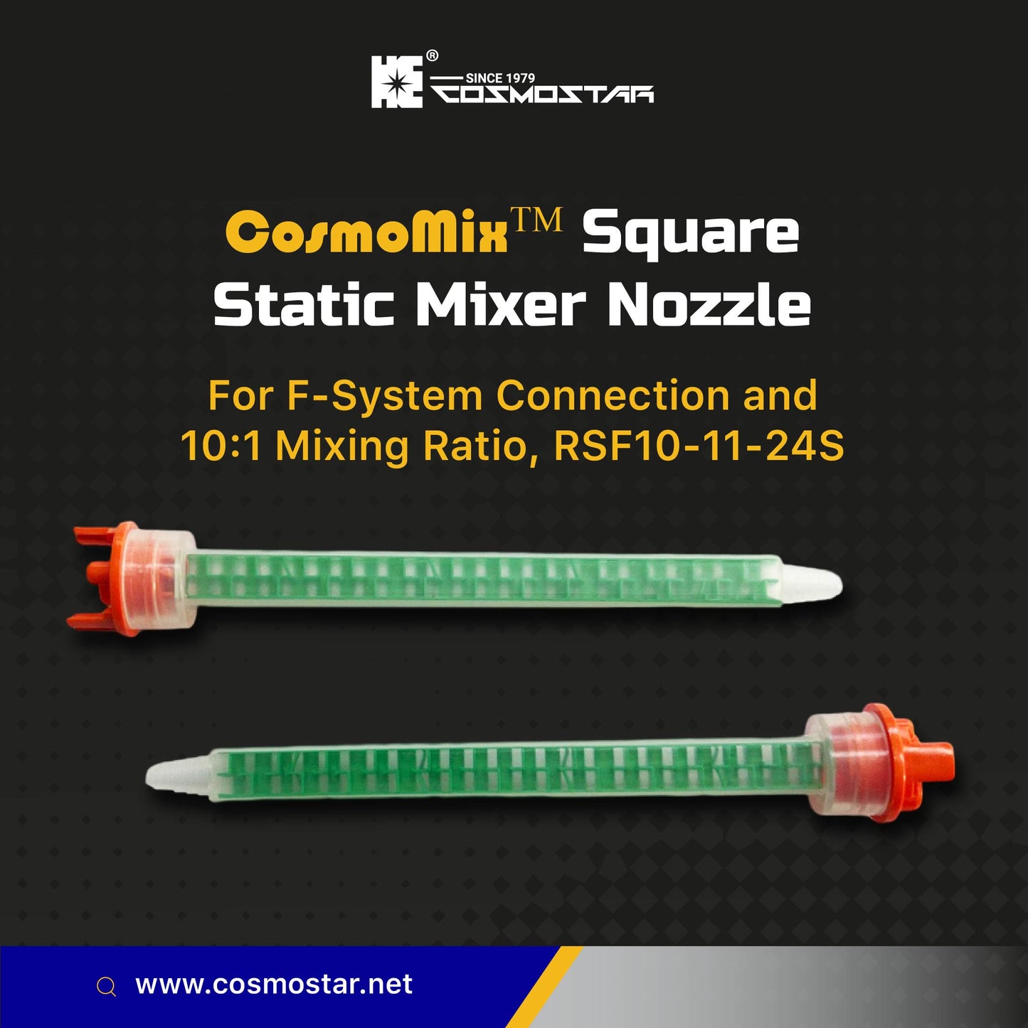 CosmoMix RSF10-11-24S 100 Pieces, Square Static Mixer Nozzle Tube Tip, F System for 4:1/10:1 Mixing Ratio, 7.1 Inches, 24 Elements