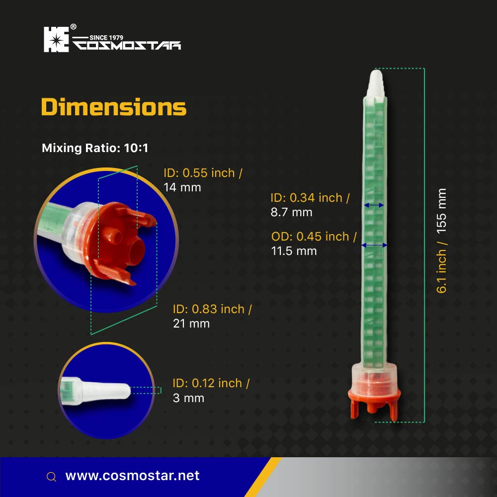 CosmoMix RSF10-11-24S 100 Pieces, Square Static Mixer Nozzle Tube Tip, F System for 4:1/10:1 Mixing Ratio, 7.1 Inches, 24 Elements