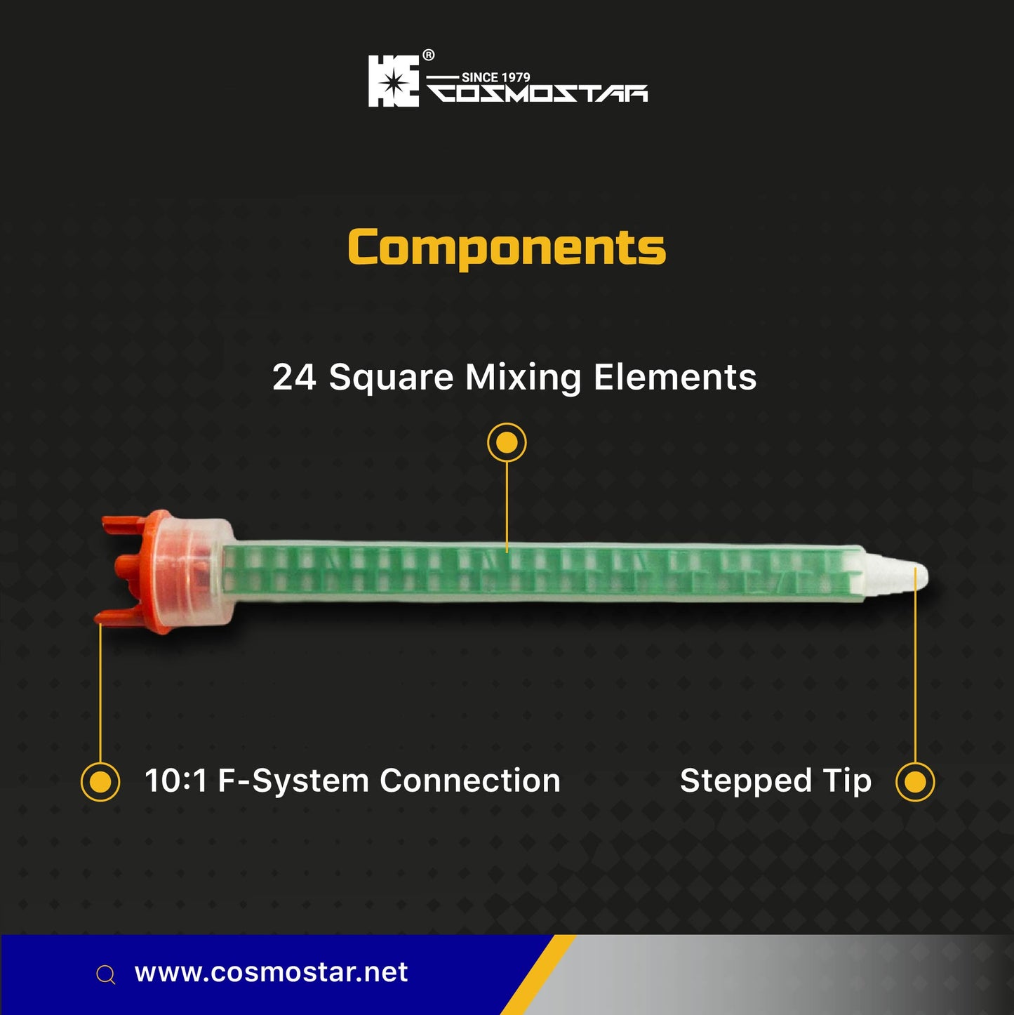 CosmoMix RSF10-11-24S 100 Pieces, Square Static Mixer Nozzle Tube Tip, F System for 4:1/10:1 Mixing Ratio, 7.1 Inches, 24 Elements