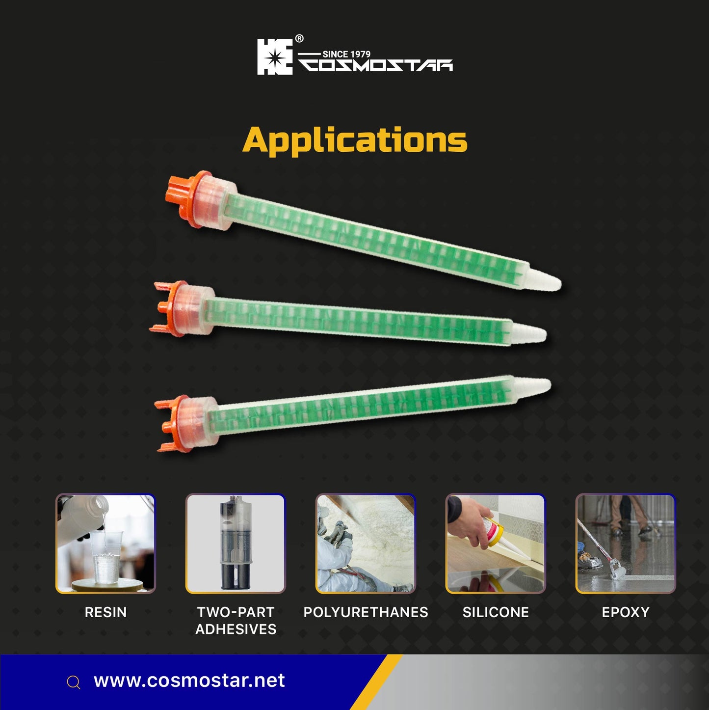 CosmoMix RSF10-11-24S 100 Pieces, Square Static Mixer Nozzle Tube Tip, F System for 4:1/10:1 Mixing Ratio, 7.1 Inches, 24 Elements