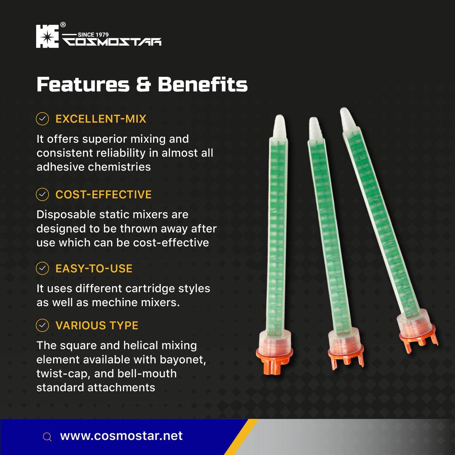 CosmoMix RSF10-11-24S 100 Pieces, Square Static Mixer Nozzle Tube Tip, F System for 4:1/10:1 Mixing Ratio, 7.1 Inches, 24 Elements