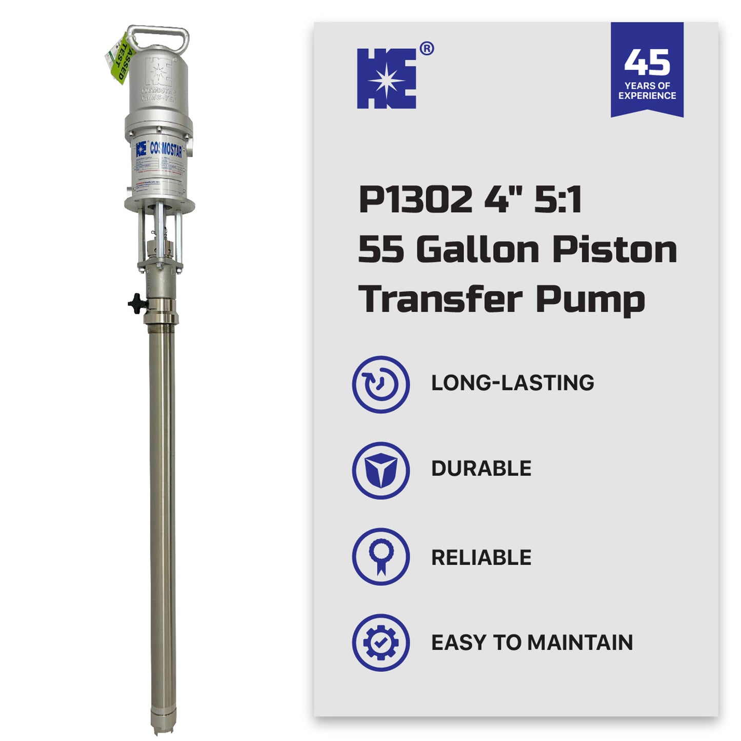 COSMOSTAR P1302 4" 5: 1 55 Gallon Stainless Steel Pneumatic Piston Transfer Drum Pump