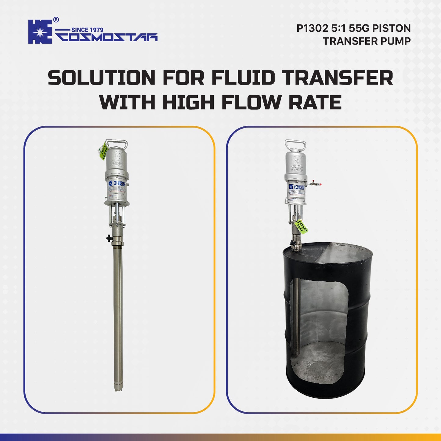 COSMOSTAR P1302 4" 5: 1 55 Gallon Stainless Steel Pneumatic Piston Transfer Drum Pump