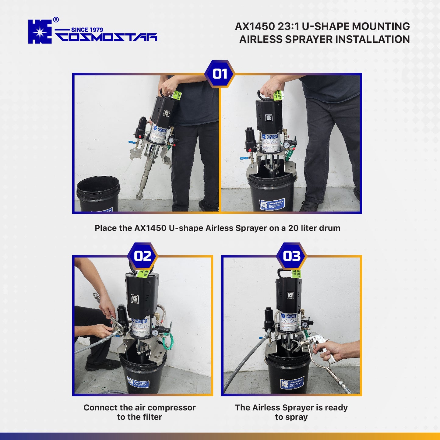 Cosmostar AX1450-UC 23:1 Pneumatic Airless Paint Sprayer, U-Shape Mount for 5-Gallon Pail