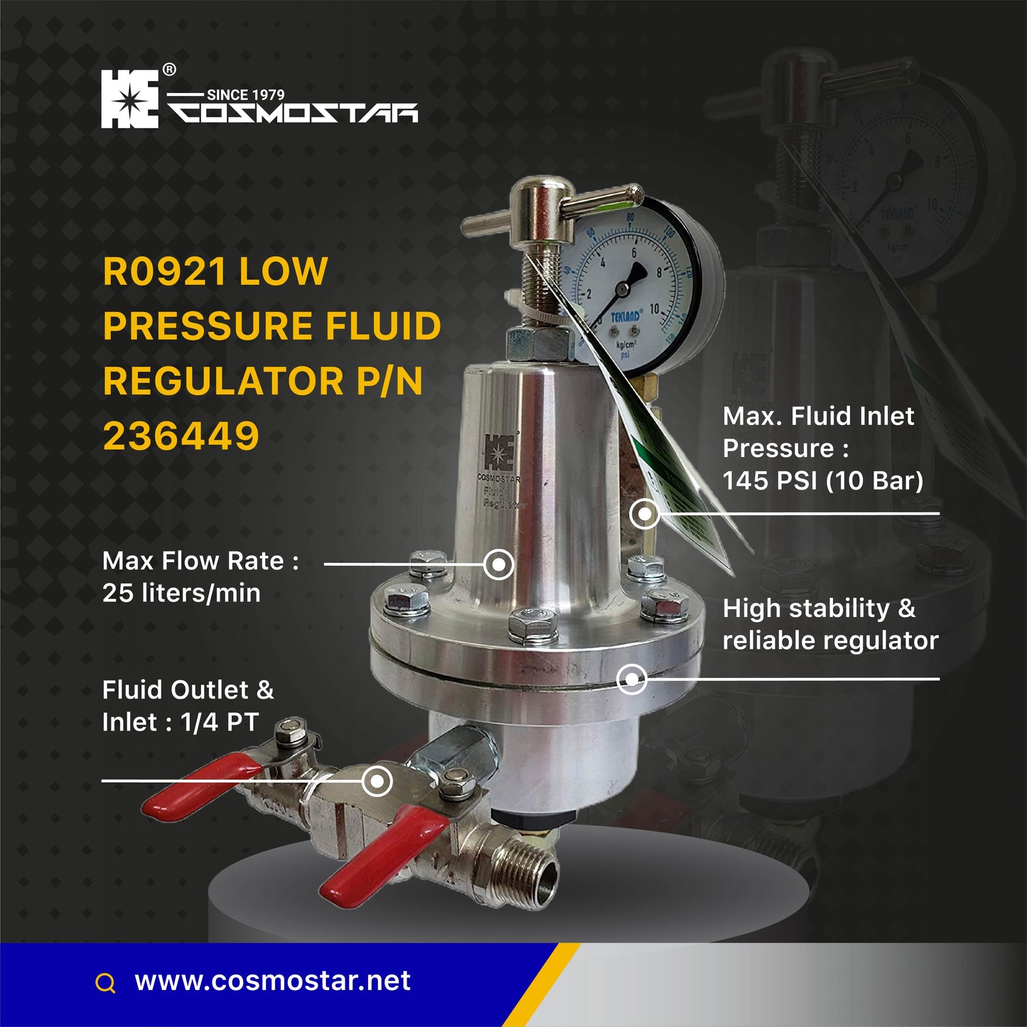 COSMOSTAR R0921 Low Pressure Fluid Regulator, Max. Fluid Inlet Pressure 145 PSI, Aluminium