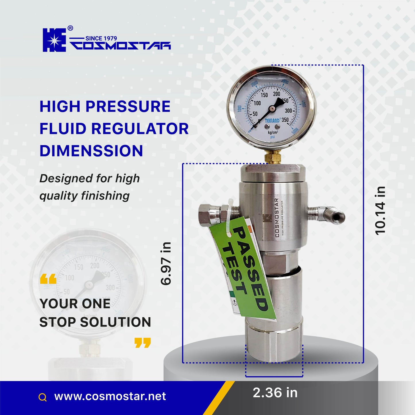 COSMOSTAR R0925 High Pressure Fluid Regulator, Max. Fluid Inlet Pressure 3480 PSI, Made of Stainless Steel