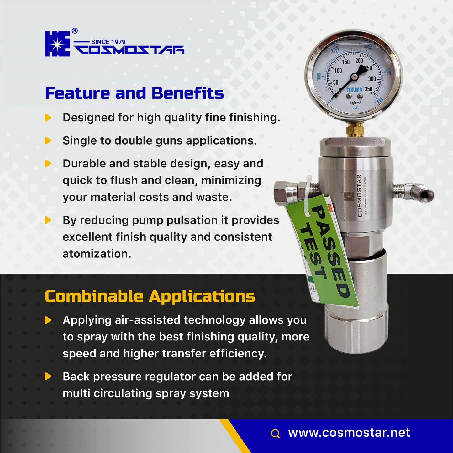 COSMOSTAR R0925 High Pressure Fluid Regulator, Max. Fluid Inlet Pressure 3480 PSI, Made of Stainless Steel