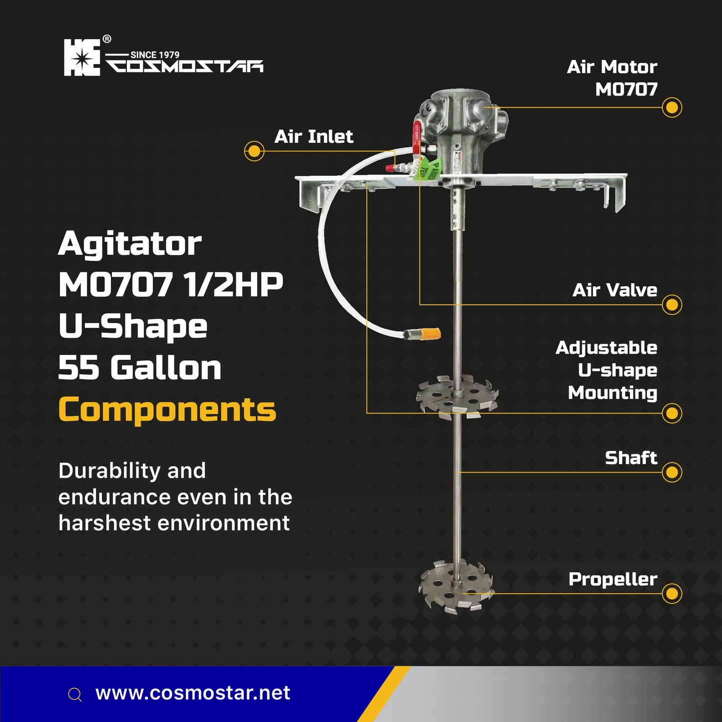 COSMOSTAR M0707 55 Gallon Drum Adjustable U Shape Pneumatic Agitator