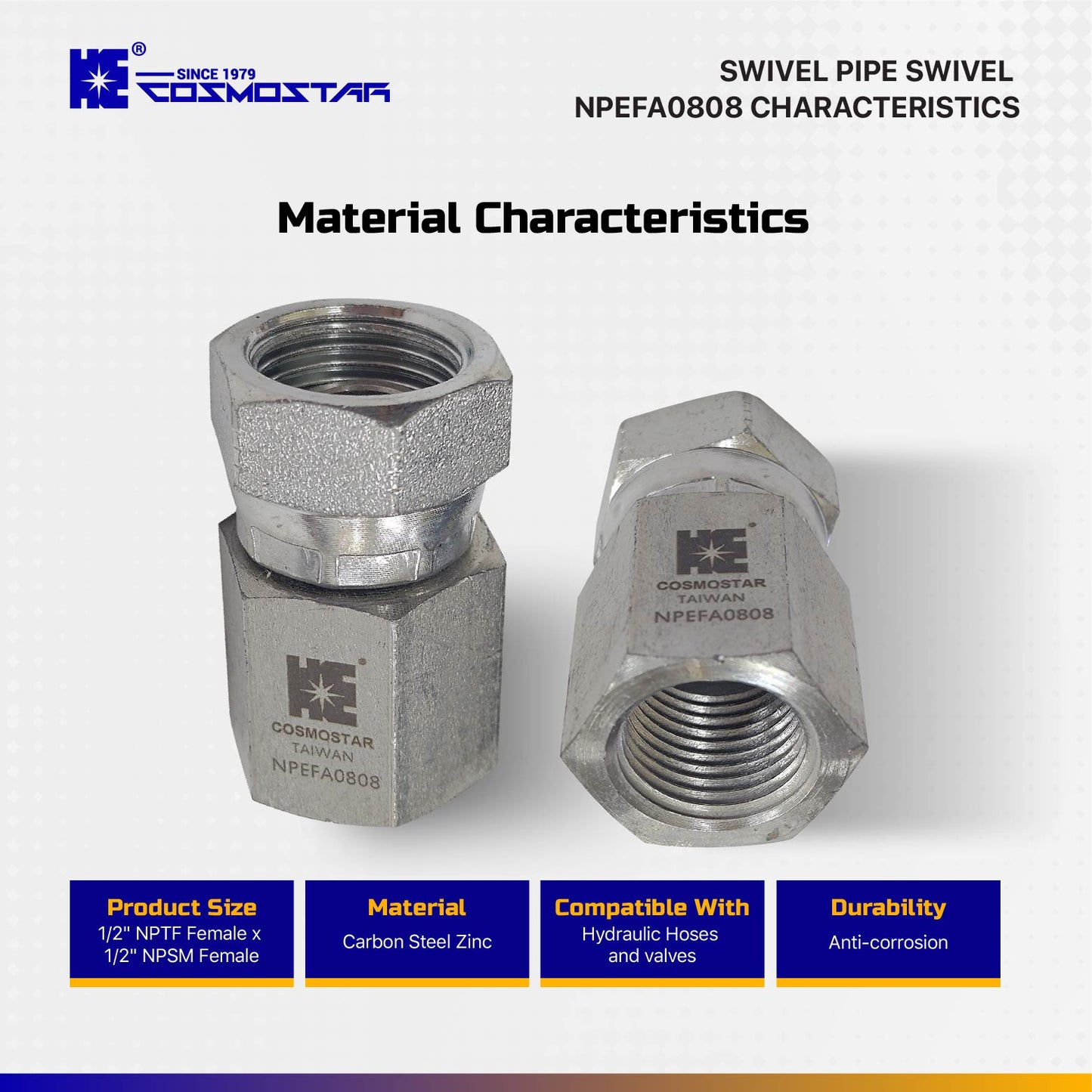 Cosmostar 1/2" NPTF Female x 1/2" NPSM Female Swivel Hydraulic Adapter