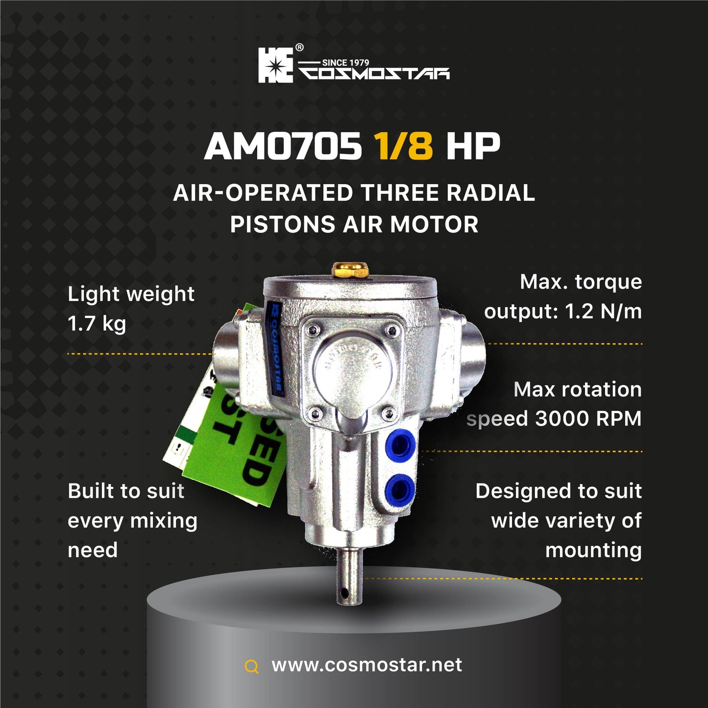 COSMOSTAR AM0705 1/8HP Radial Three-Piston  Air Motor