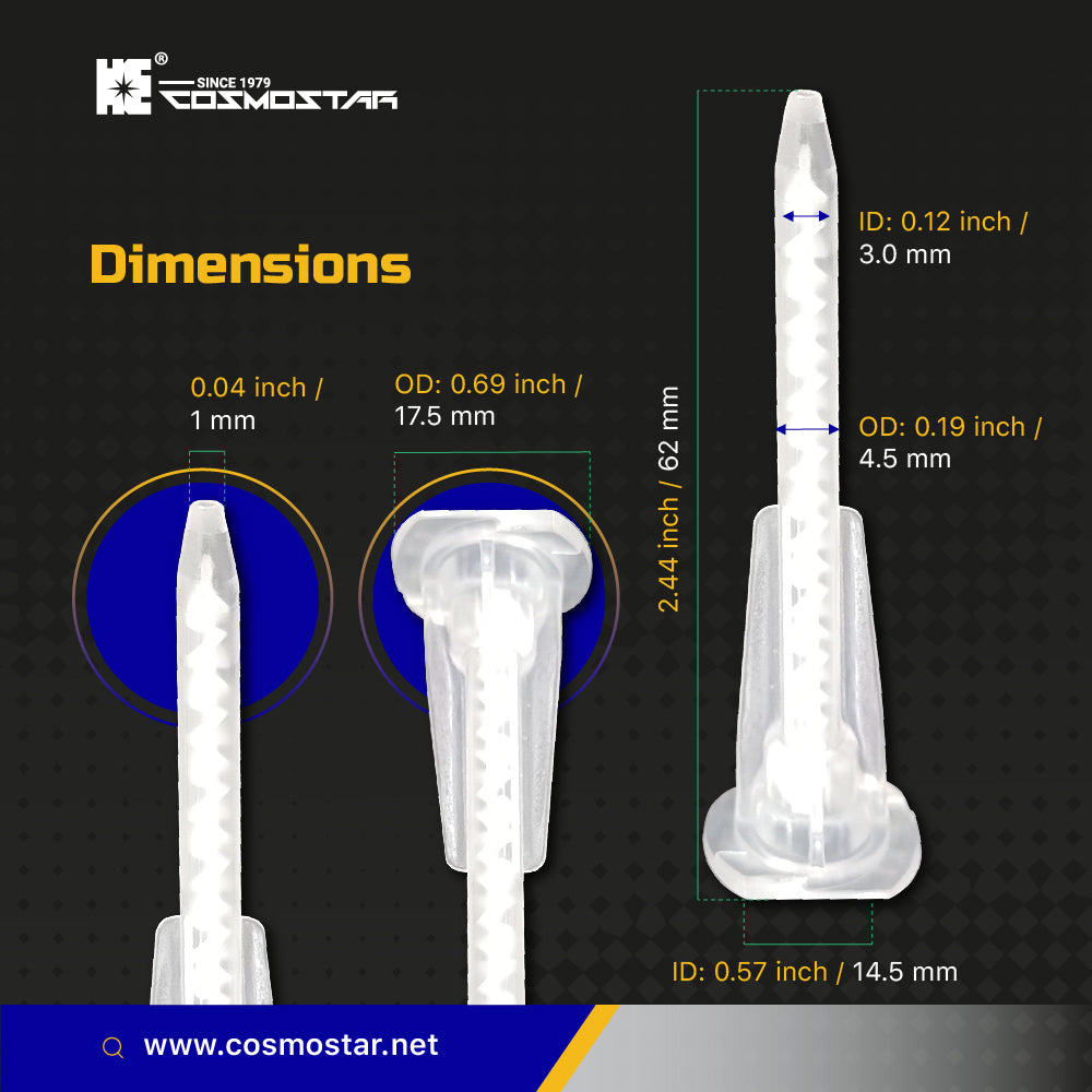 CosmoMix RCS03-17S, 500 Pieces, Helical Static Mixer Nozzle Tube Tip, Bayonet Connection, 2.44 Inches, 17 Elements