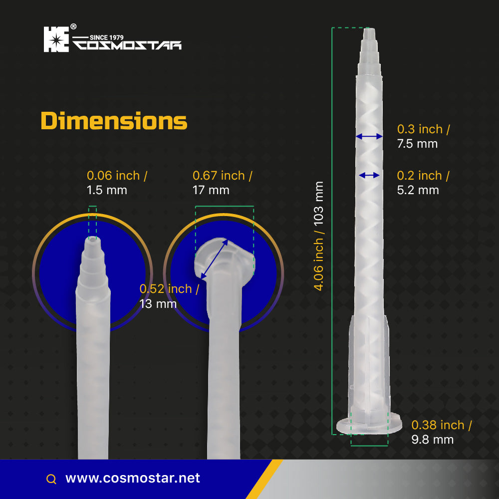 CosmoMix RCS06-17S 500 Pieces, Helical Static Mixer Nozzle Tube Tip, Bayonet Connection, 4 Inches, 17 Elements