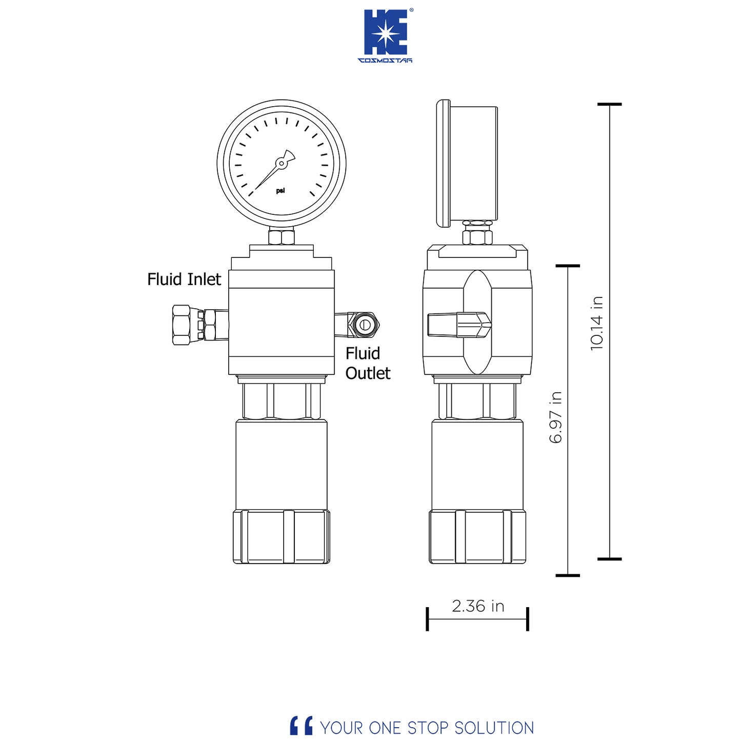 COSMOSTAR R0925 High Pressure Fluid Regulator, Max. Fluid Inlet Pressure 3480 PSI, Made of Stainless Steel