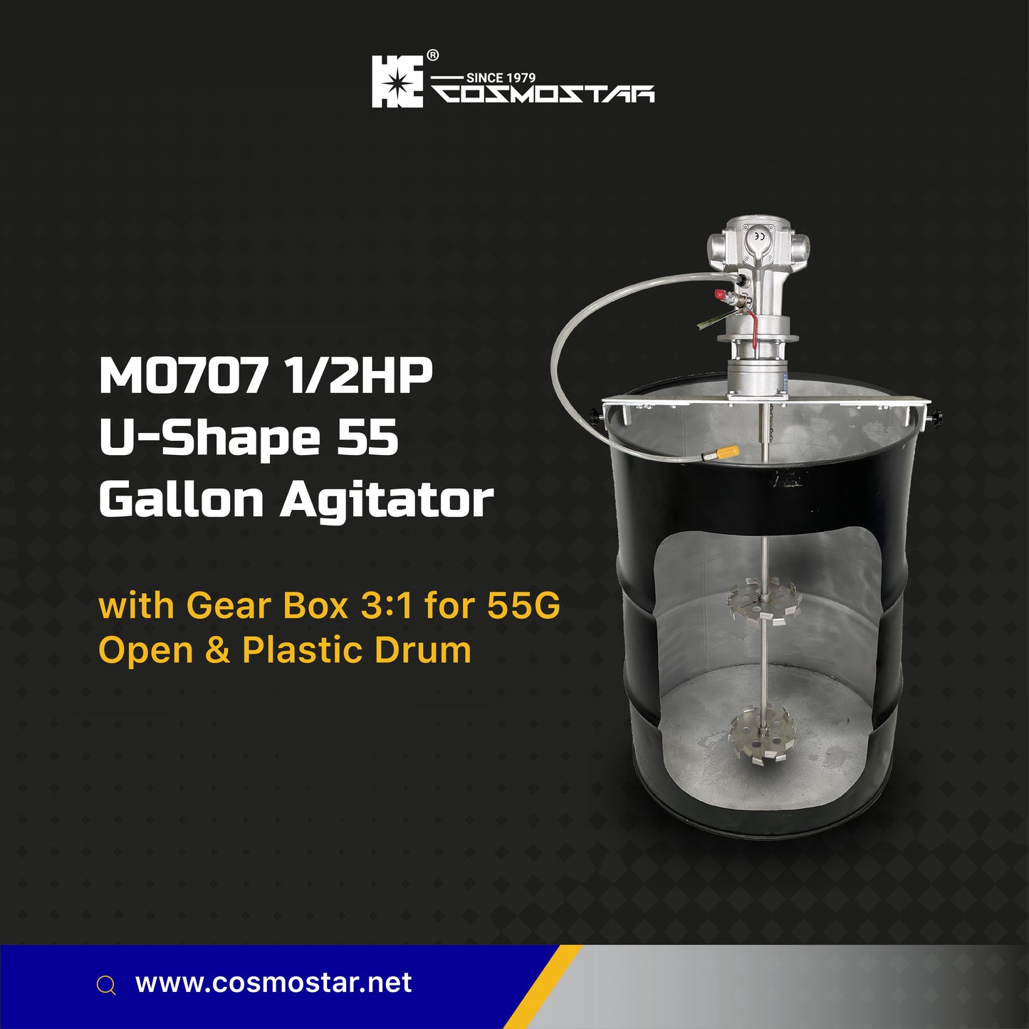 COSMOSTAR M0707 U-Shape 200L Pneumatic Agitator with Gear Box 3:1 for 55 Gallon Open Drum and Plast Drum (with 3:1 Gear Box)