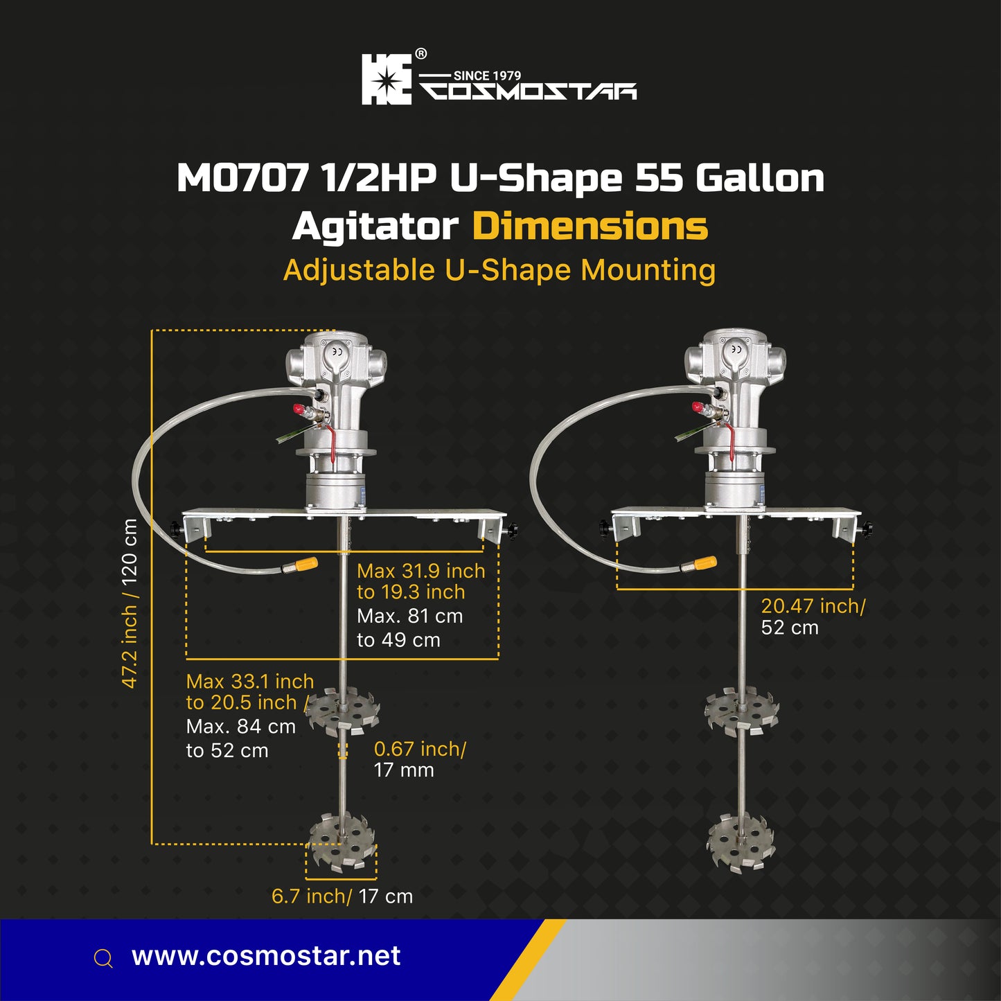 COSMOSTAR M0707 U-Shape 200L Pneumatic Agitator with Gear Box 3:1 for 55 Gallon Open Drum and Plast Drum (with 3:1 Gear Box)