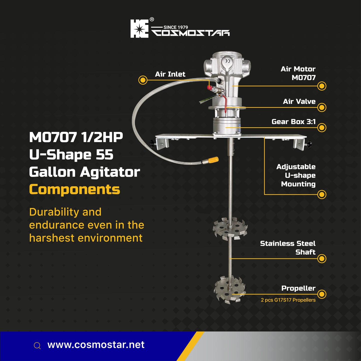 COSMOSTAR M0707 U-Shape 200L Pneumatic Agitator with Gear Box 3:1 for 55 Gallon Open Drum and Plast Drum (with 3:1 Gear Box)