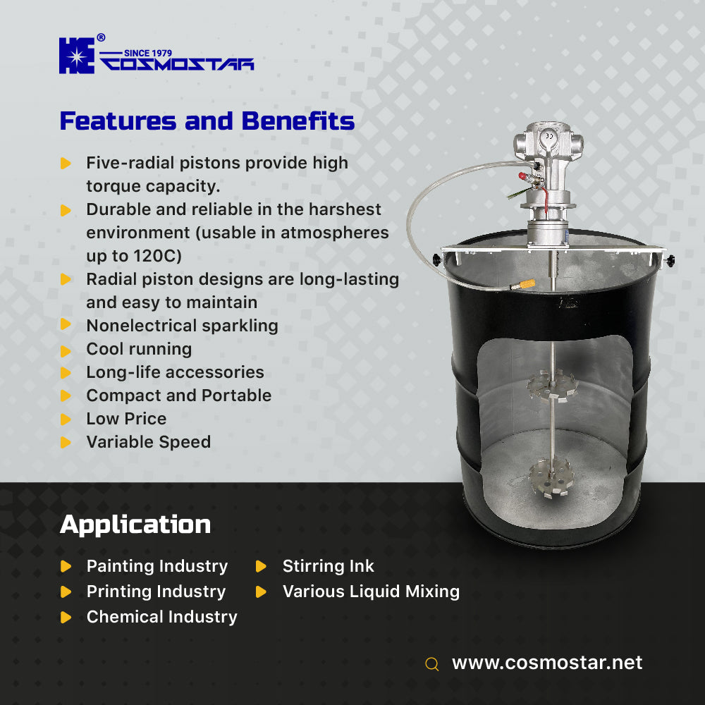 COSMOSTAR M0707 U-Shape 200L Pneumatic Agitator with Gear Box 3:1 for 55 Gallon Open Drum and Plast Drum (with 3:1 Gear Box)