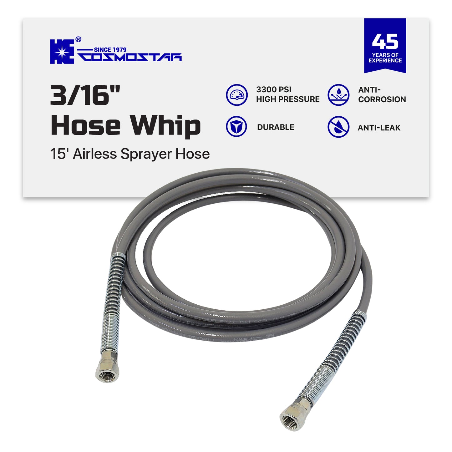 Cosmostar 3/16" x 15 feet Super Flexible Airless Sprayer Hose - 3300 PSI Max Pressure, Durable & Universal Fit Whip Hose