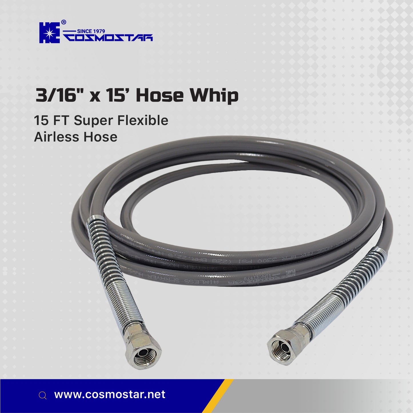 Cosmostar 3/16" x 15 feet Super Flexible Airless Sprayer Hose - 3300 PSI Max Pressure, Durable & Universal Fit Whip Hose