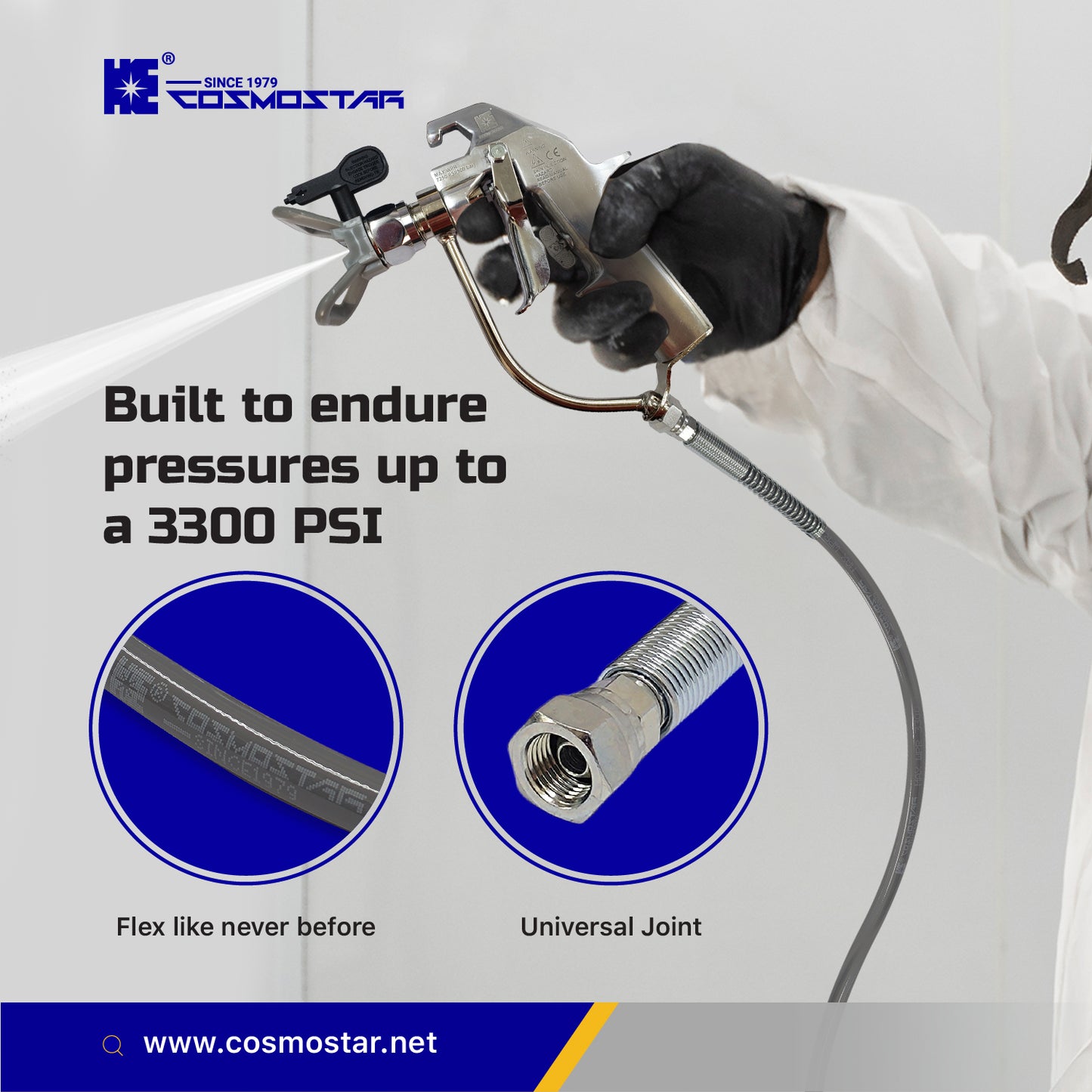 Cosmostar 3/16" x 15 feet Super Flexible Airless Sprayer Hose - 3300 PSI Max Pressure, Durable & Universal Fit Whip Hose