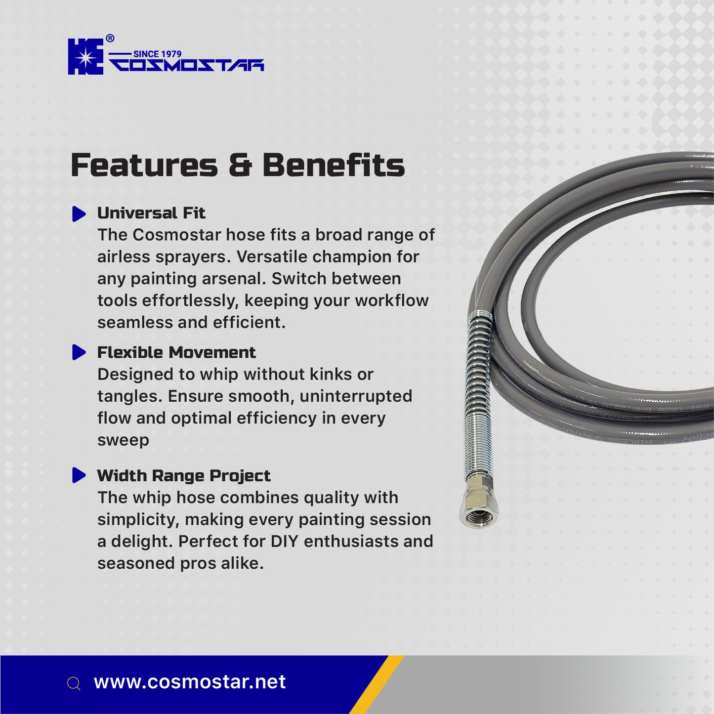 Cosmostar 3/16" x 15 feet Super Flexible Airless Sprayer Hose - 3300 PSI Max Pressure, Durable & Universal Fit Whip Hose