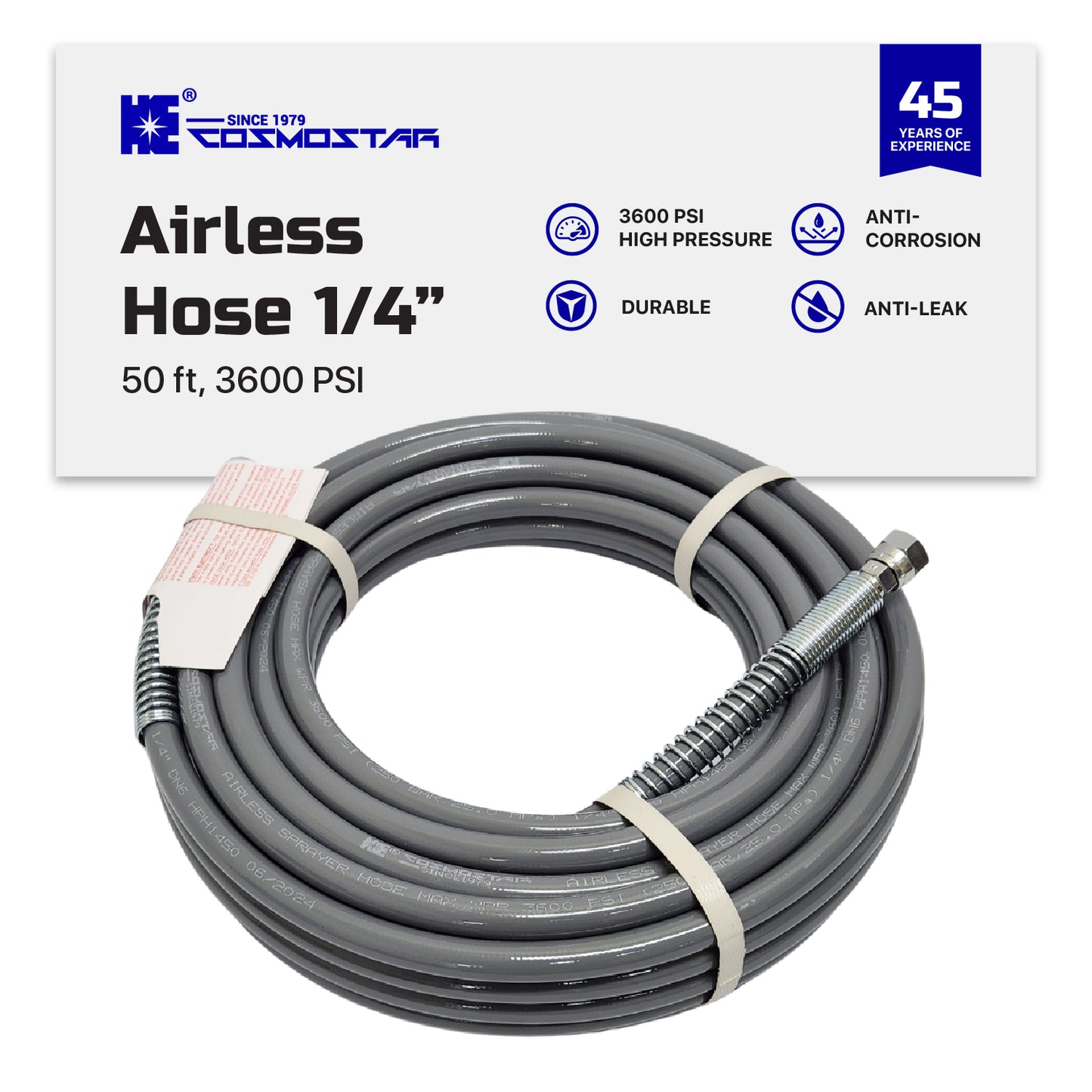 Cosmostar 1/4" x 50 feet Airless Sprayer Hose - 3600 PSI Max Pressure, Durable & Universal Fit Whip Hose  (Ships from USA)