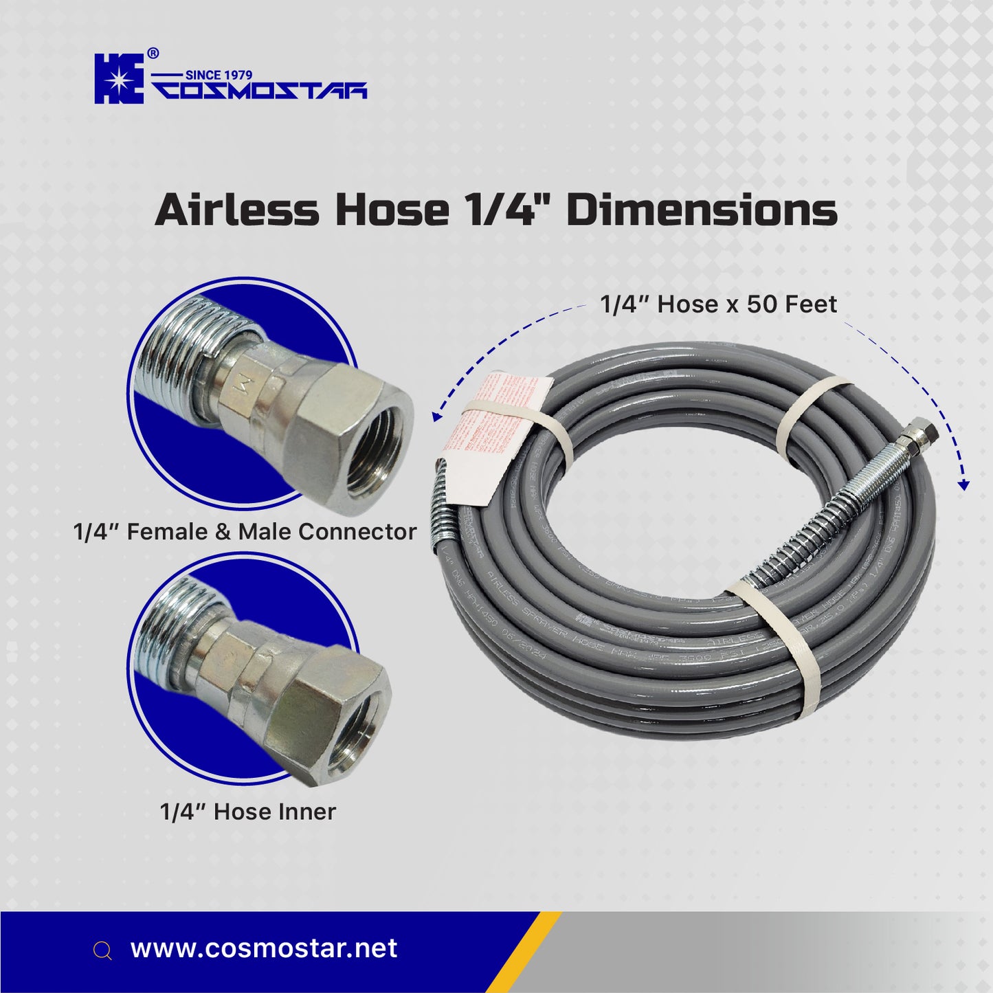 Cosmostar 1/4" x 50 feet Airless Sprayer Hose - 3600 PSI Max Pressure, Durable & Universal Fit Whip Hose  (Ships from USA)
