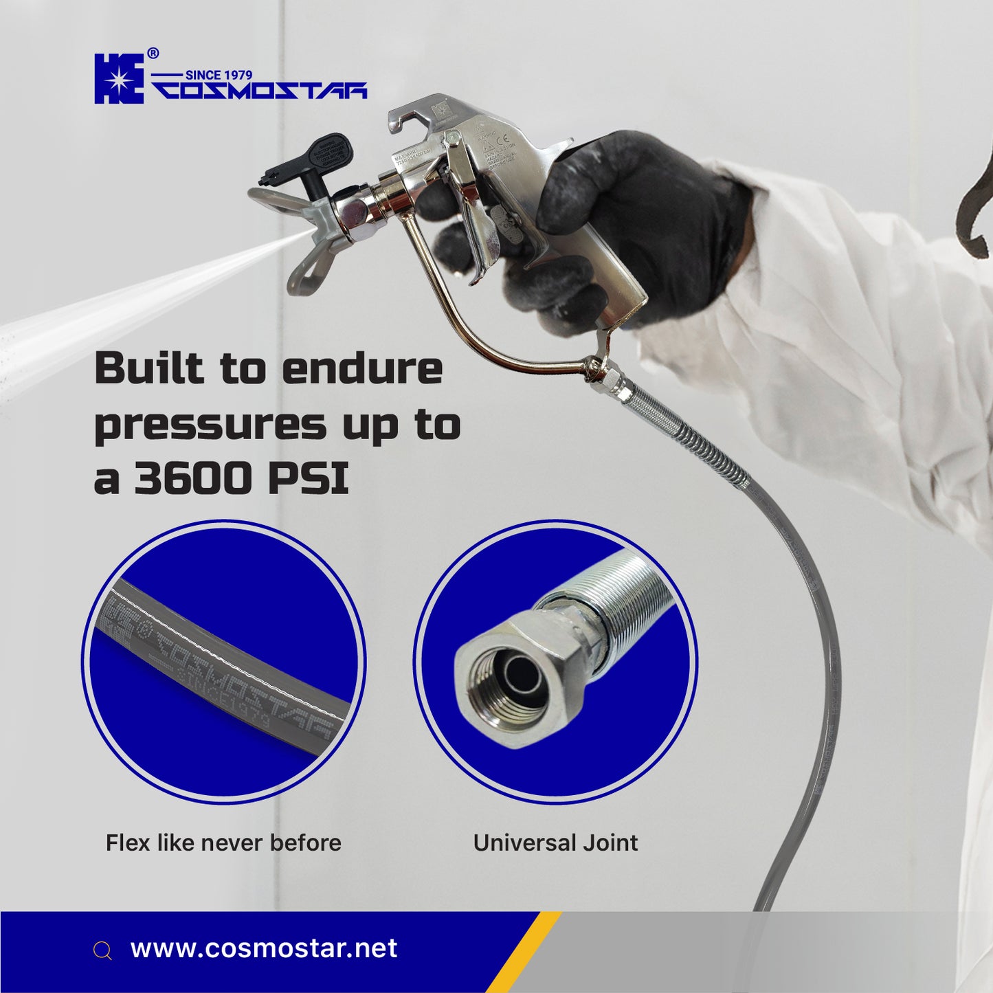 Cosmostar 1/4" x 50 feet Airless Sprayer Hose - 3600 PSI Max Pressure, Durable & Universal Fit Whip Hose  (Ships from USA)