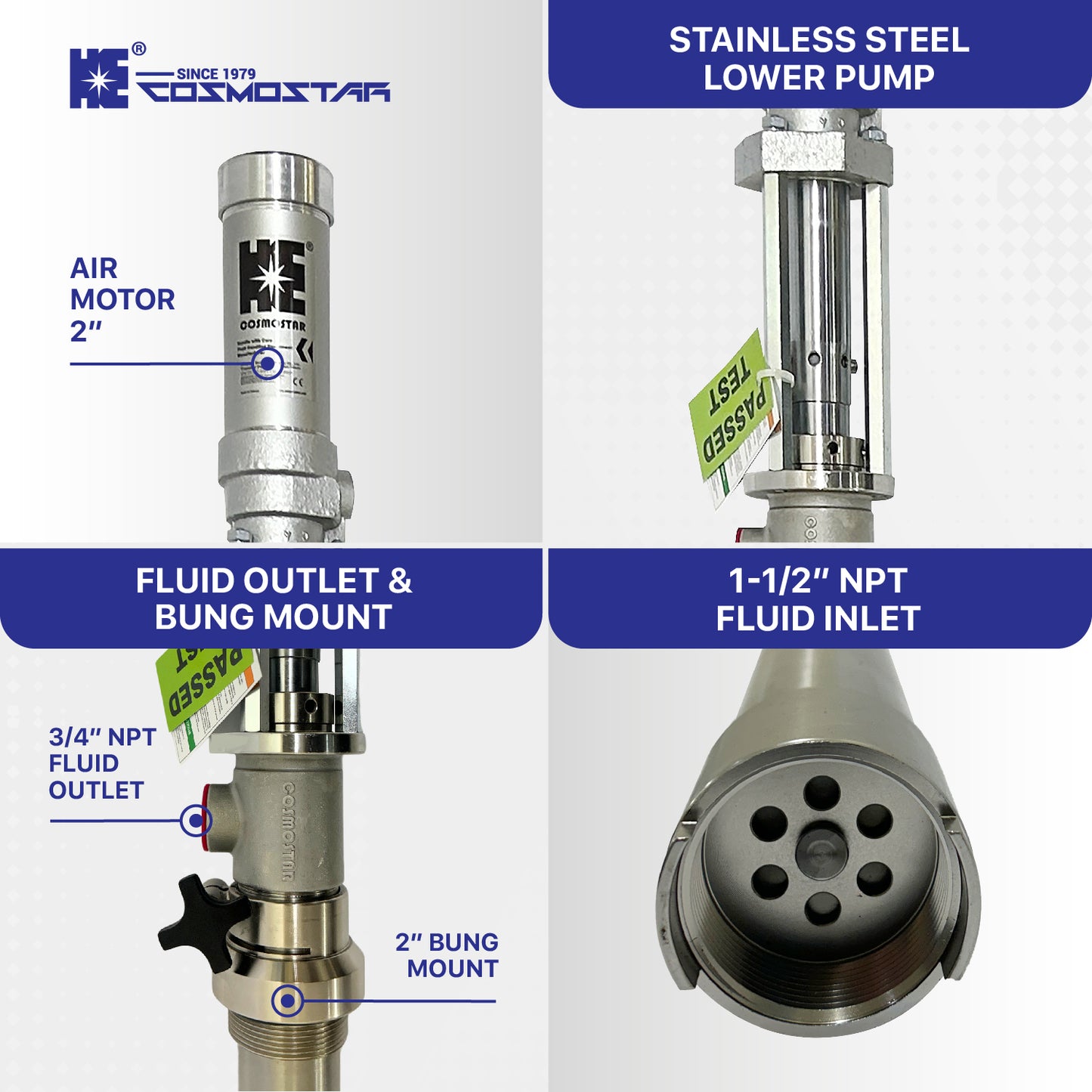 COSMOSTAR P0201 2" 2:1  55 Gallon Pneumatic Piston Transfer Pump (Stainless Steel, 55 Gallon Type)