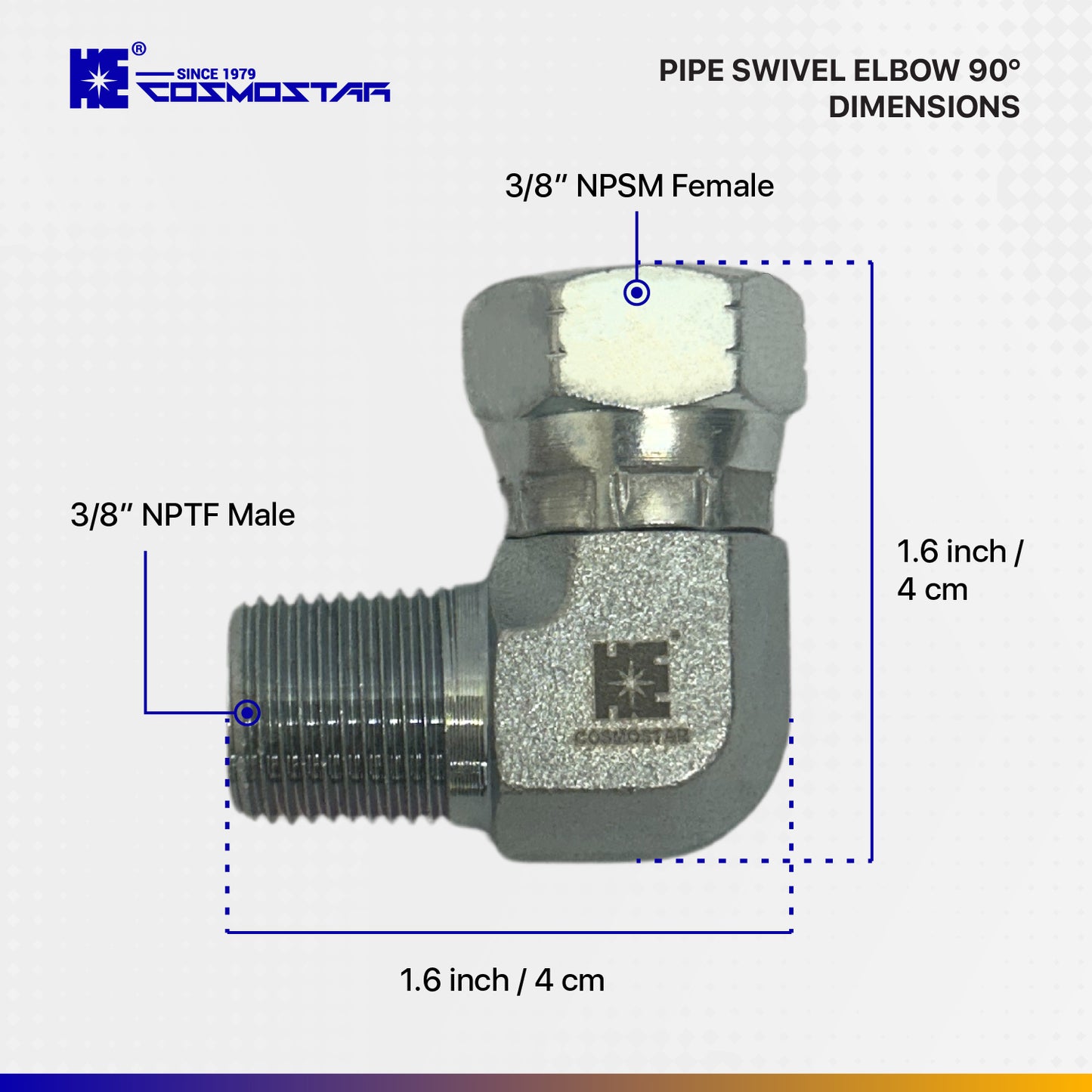 Cosmostar 3/8" NPTF Male x 3/8" NPSM Female 90 Degree Swivel Hydraulic Adapter