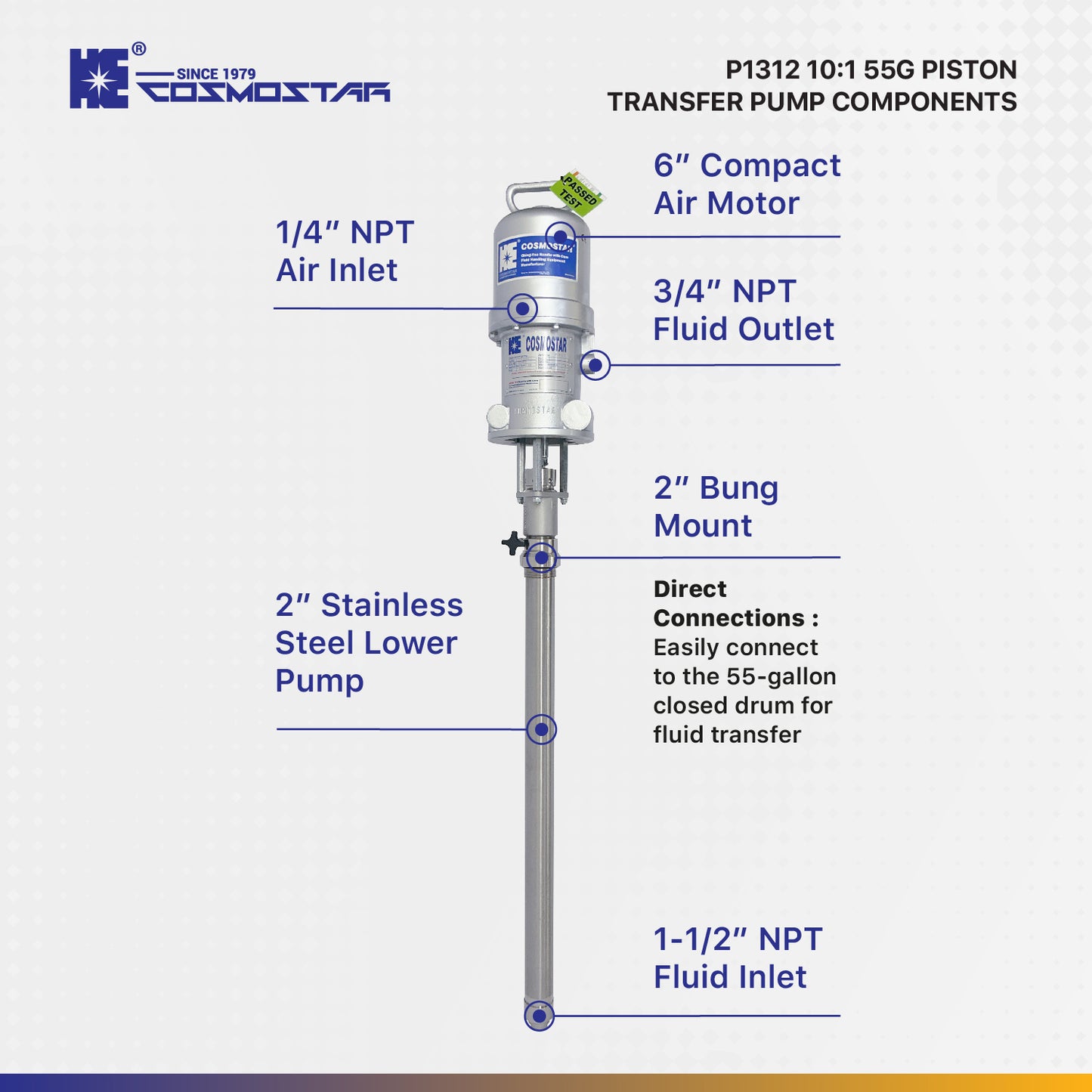 COSMOSTAR P1312 6" 10: 1 55 Gallon Stainless Steel Pneumatic Piston Transfer Drum Pump