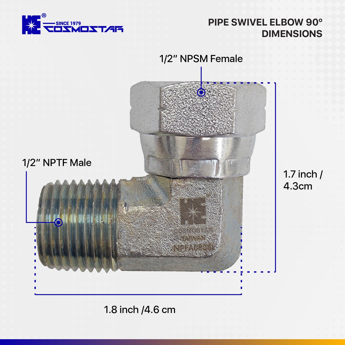 Cosmostar 1/2" NPTF Male x 1/2" NPSM Female 90° Swivel Hydraulic Adapter