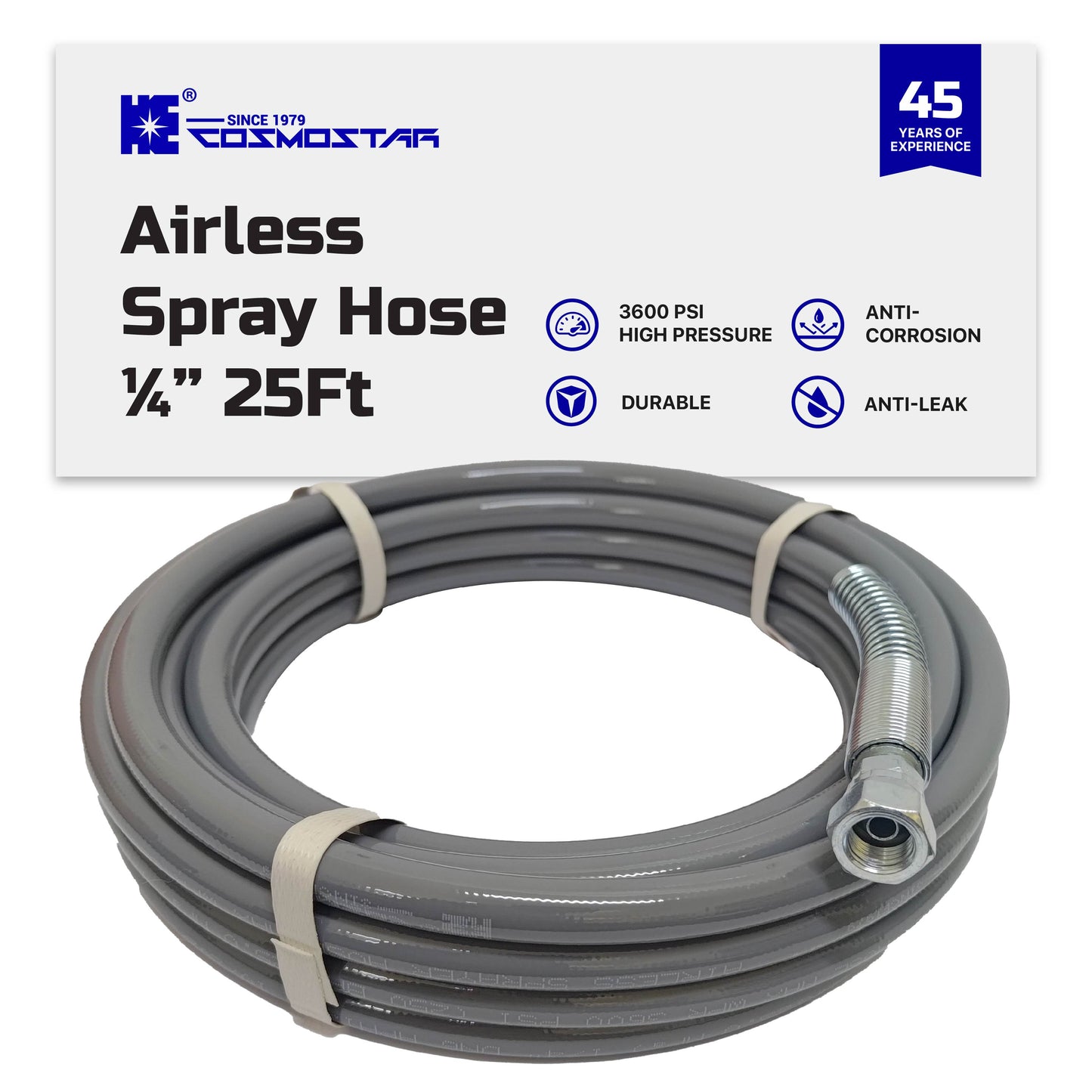 Cosmostar 1/4" x 25 feet Airless Sprayer Hose - 3600 PSI Max Pressure, Durable & Universal Fit Whip Hose (Ships from USA)