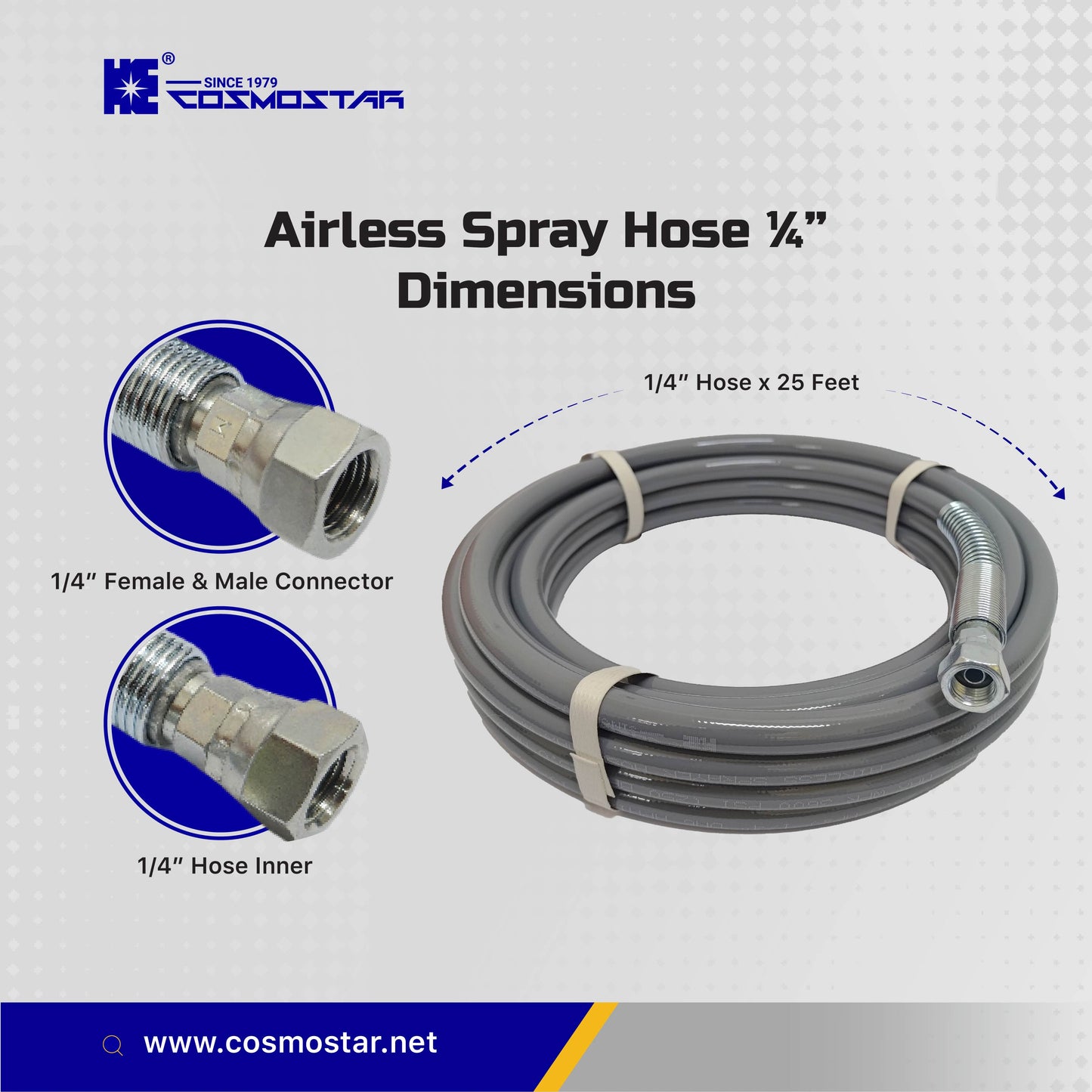 Cosmostar 1/4" x 25 feet Airless Sprayer Hose - 3600 PSI Max Pressure, Durable & Universal Fit Whip Hose (Ships from USA)