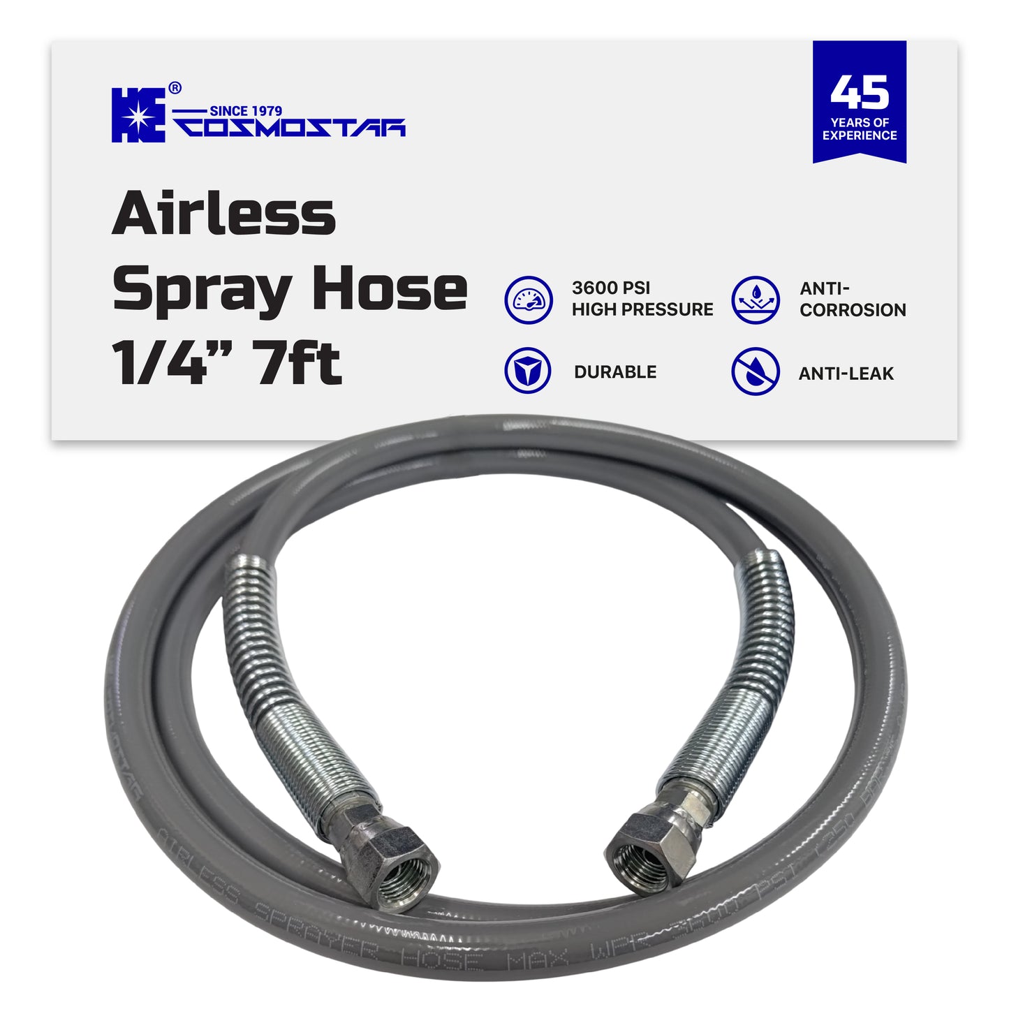 Cosmostar 1/4" x 7' Airless Paint Sprayer Whip Hose –3600 PSI Max Pressure (FBE) (Ships from USA)