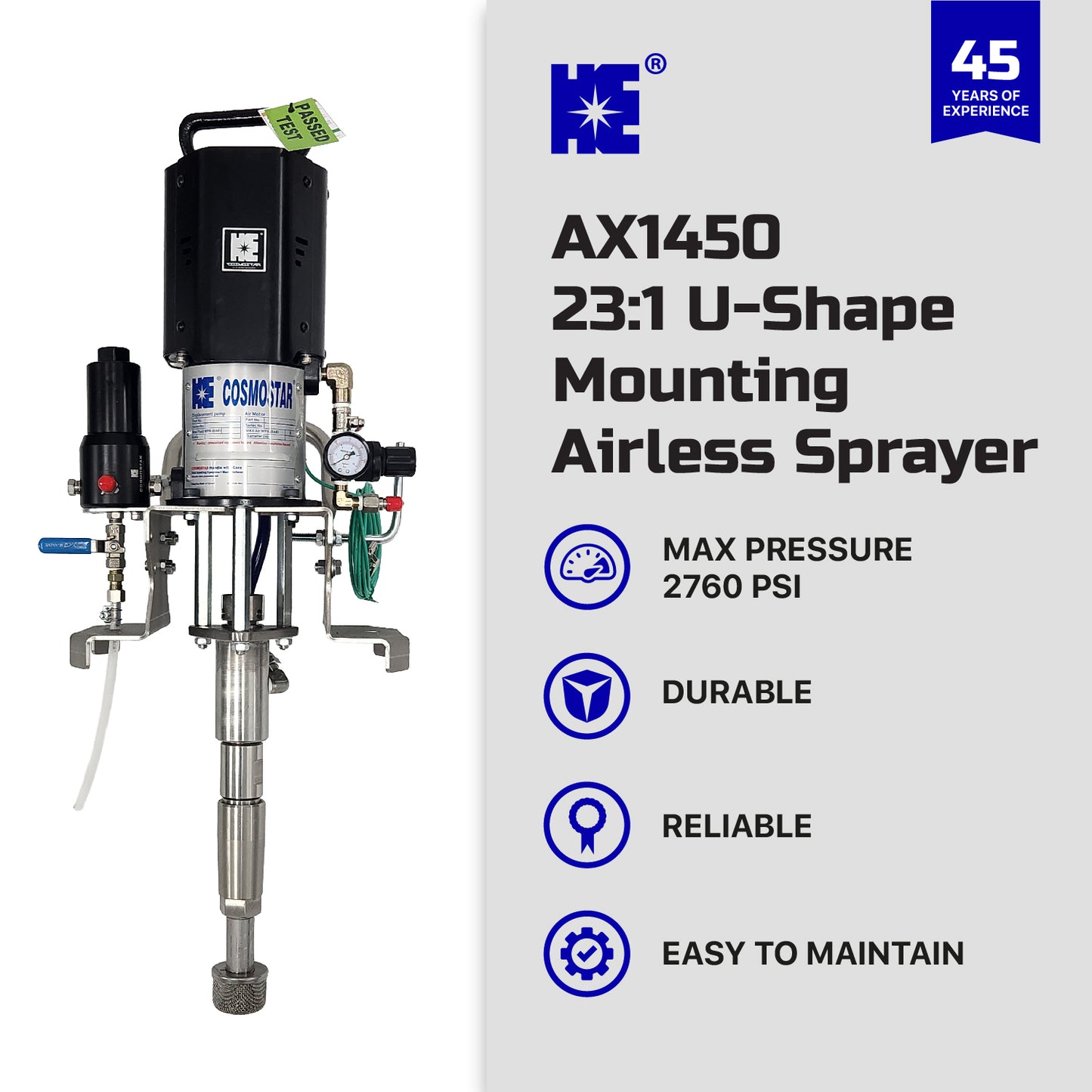 Cosmostar AX1450-UC 23:1 Pneumatic Airless Paint Sprayer, U-Shape Mount for 5-Gallon Pail