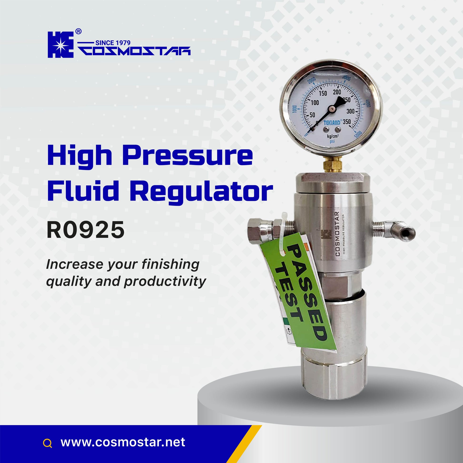 Cosmostar R0925-1500 High Pressure Fluid Regulator, 1/4" outlet, stainless steel, 3480 PSI max pressure, 13.3 L/min flow rate, for airless spray system fine finishing.