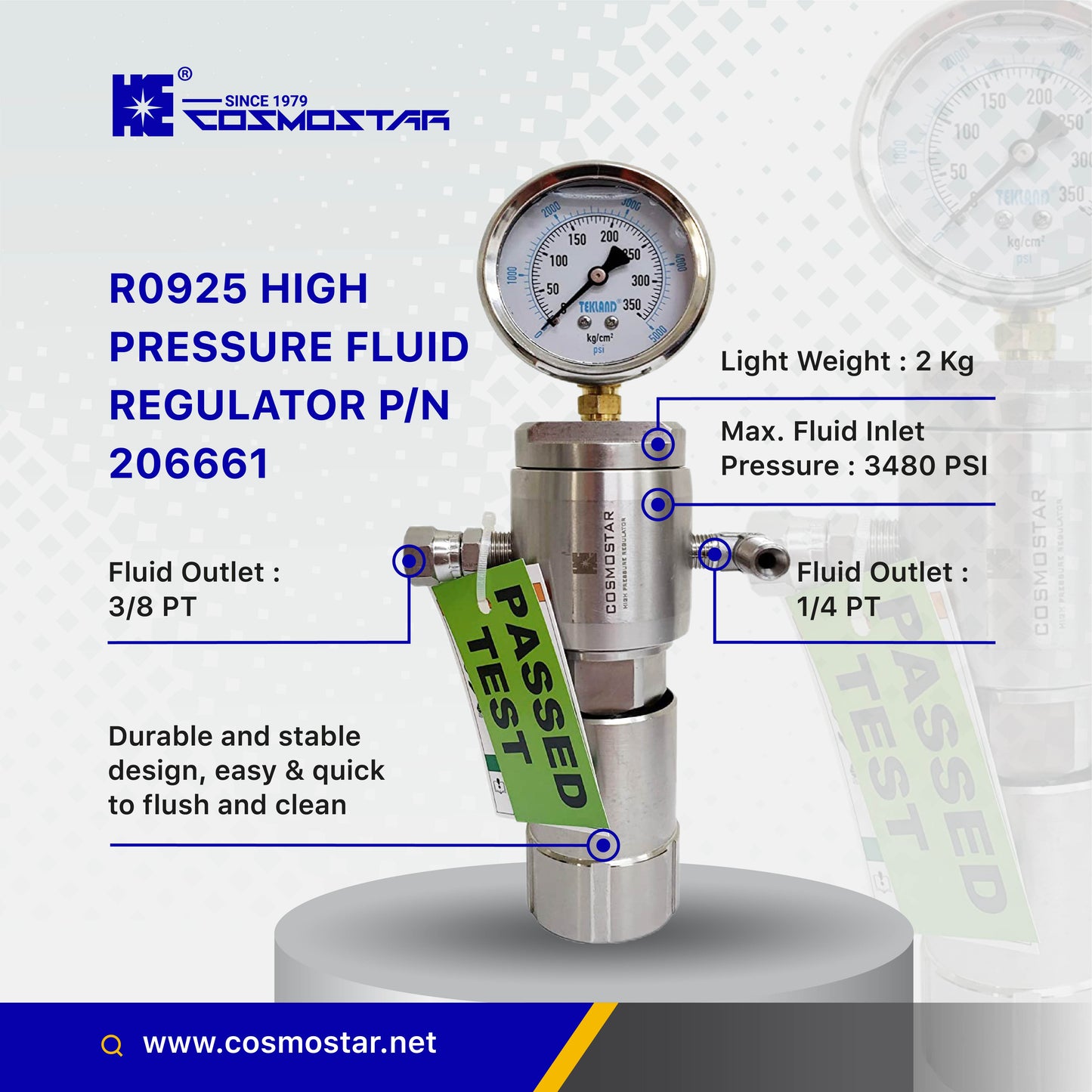 COSMOSTAR R0925 High Pressure Fluid Regulator, Max. Fluid Inlet Pressure 3480 PSI, Made of Stainless Steel